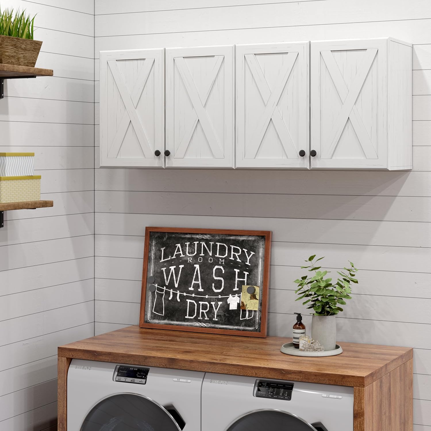 Wall Storage Cabinets - Farmhouse Kitchen Laundry Wall Mounted Cabinets with 4 Doors and Shelves, in White with Grain, 24'Wx2Pcs