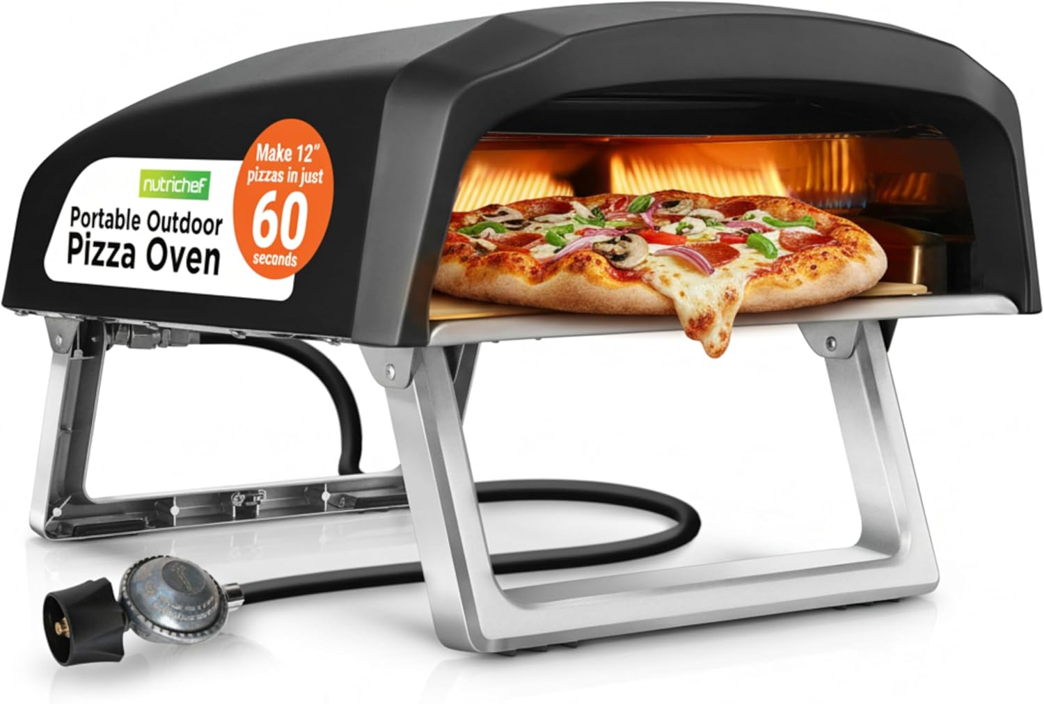 NutriChef Portable Outdoor Gas Pizza Oven - Unique Design, Easy Bake Oven with Pizza Stone, Foldable Feet, One-Touch Gas Ignition, Adjustable Heat Control, Stainless Steel, 932°F Max