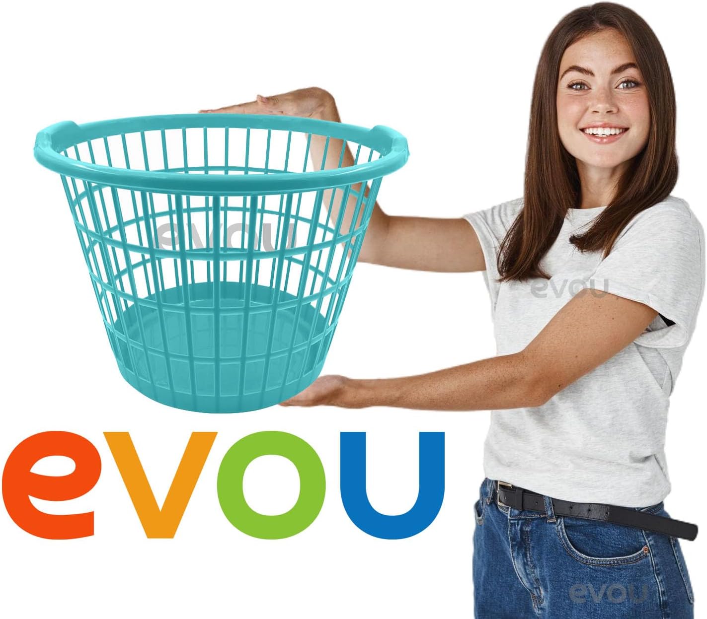 Evou Set of 4 Laundry Baskets Hampers (Several Colors) Lightweight Plastic, for Clothes, Towels, Storage of Kids & Baby Toys, Garden, 1 Bushel Capacity (Green Tea + White)