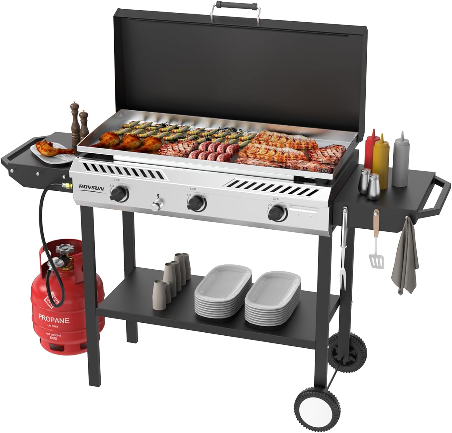 ROVSUN 2-in-1 Propane Stove & 33'' Griddle Combo with Ignition, 3 Burner 225,000 BTU Gas Stove & Grill with Side Shelves, Rolling Wheel & Regulator for Home Outdoor Backyard Camping Cooking Grilling