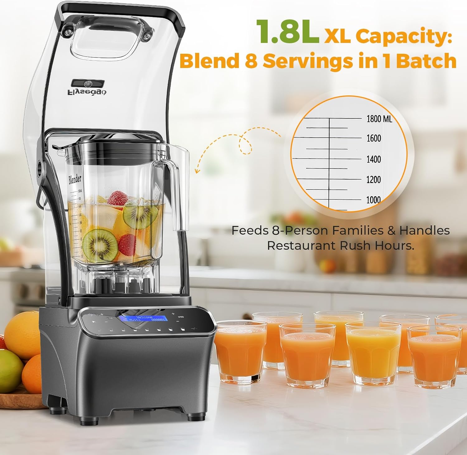 2200W Professional Quiet Blender with LCD Display, 1.8L Ice Crushing Jug, Commercial-Grade Motor, 6-Speed Touch Control & Overload Protection for Smoothies, Ice, Frozen Drinks Silver