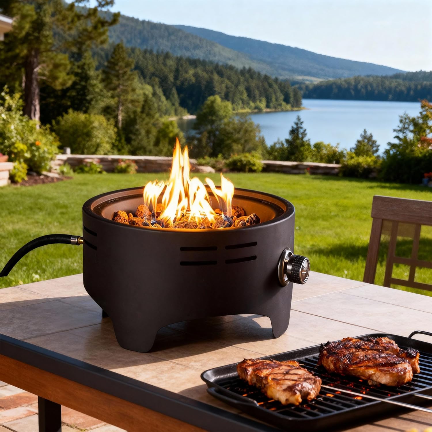 15 Inch Propane Tabletop Fire Pit, 40,000 BTU Round Portable Outdoor Fire Pit for Patio Garden Balcony, Compact Steel Fire Pits with Lava Rocks & Cover, Black Finish for Ambiance & Warmth, Only Table