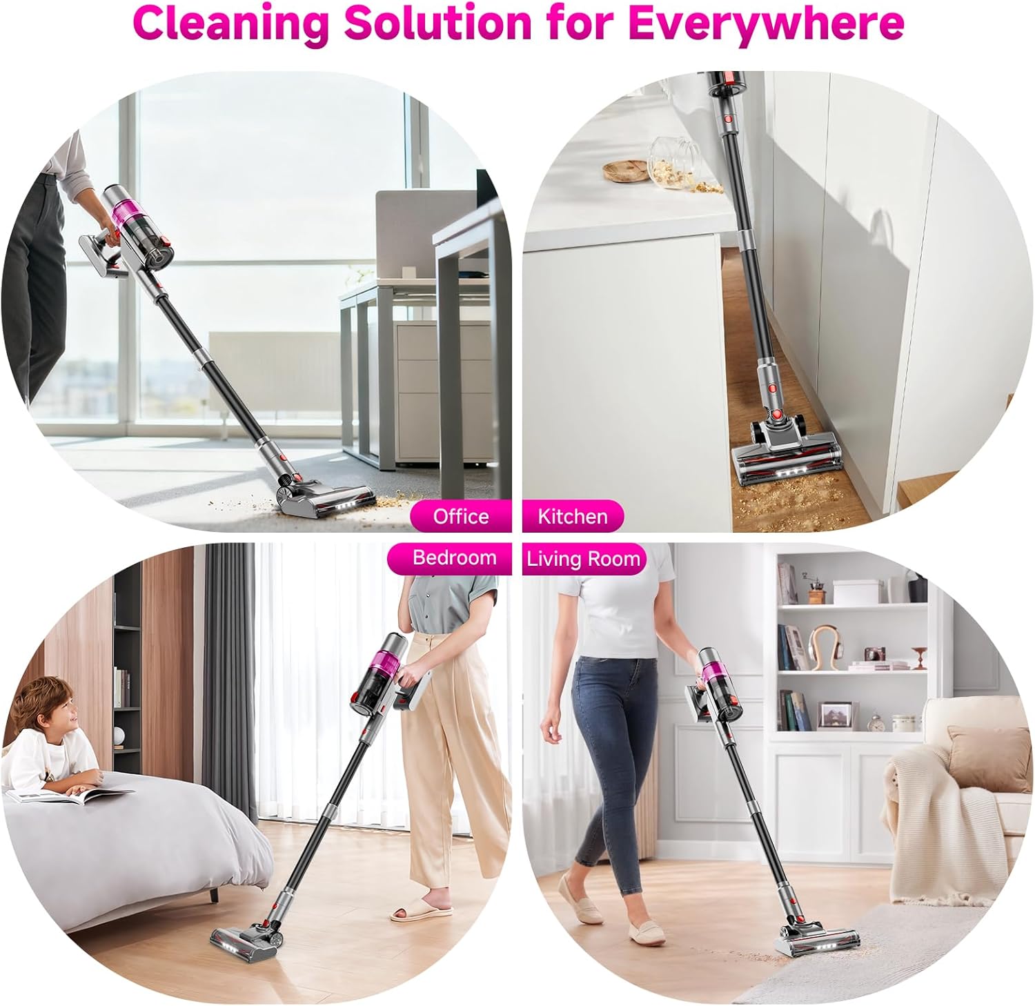 Cordless Vacuum Cleaner, Cordless Stick Vacuum Cleaners for Home, Anti-Tangle Brush, Lightweight, 6-in-1 Rechargeable Vacuum for Pet Hair/Carpet/Hard Floor(Purple)