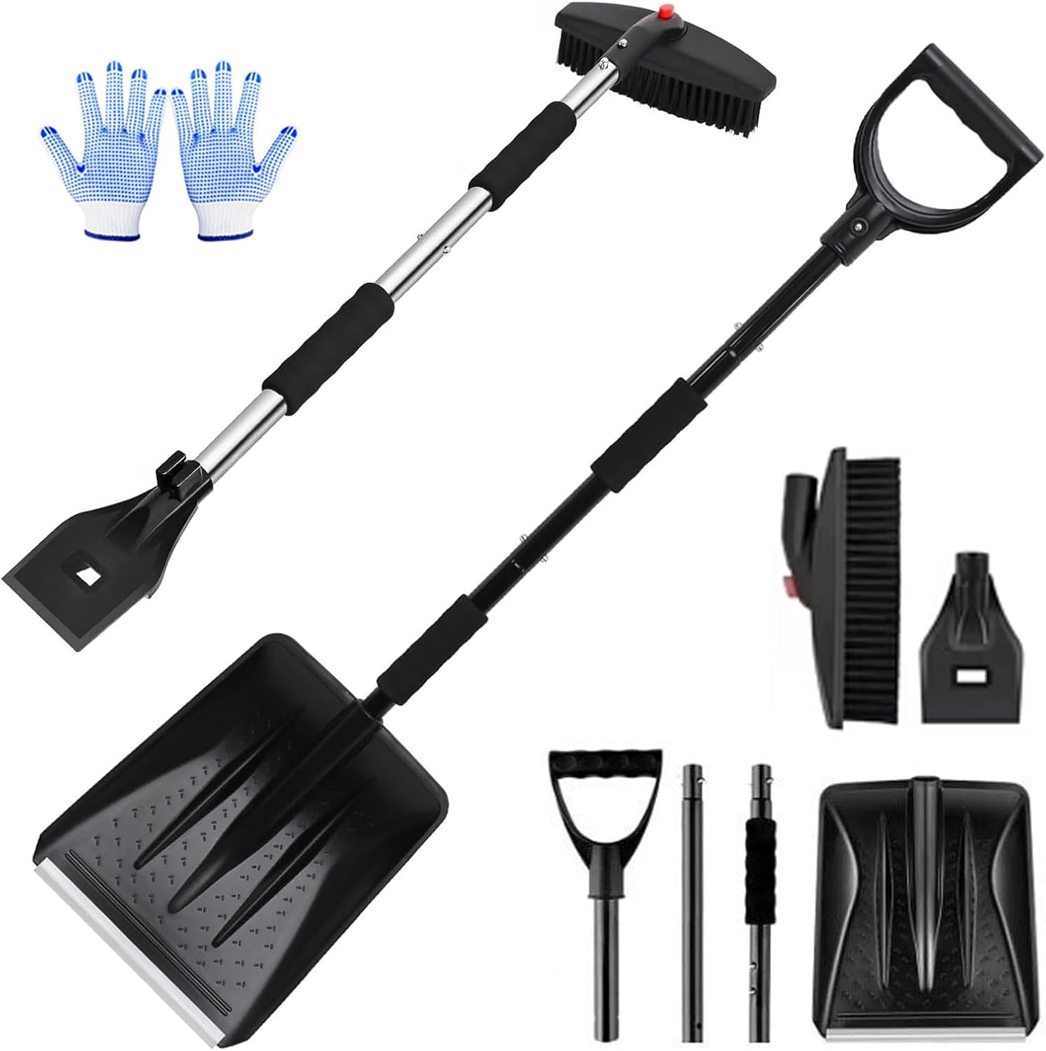 Aluminum Snow Shovel, Rapidgrip Foldable Snow Brush– Ergonomic, Lightweight Compact, 3-in-1 Winter Snow Removal Tool Set, Clears Cars and Driveways with, Less Effort Fast (Black)