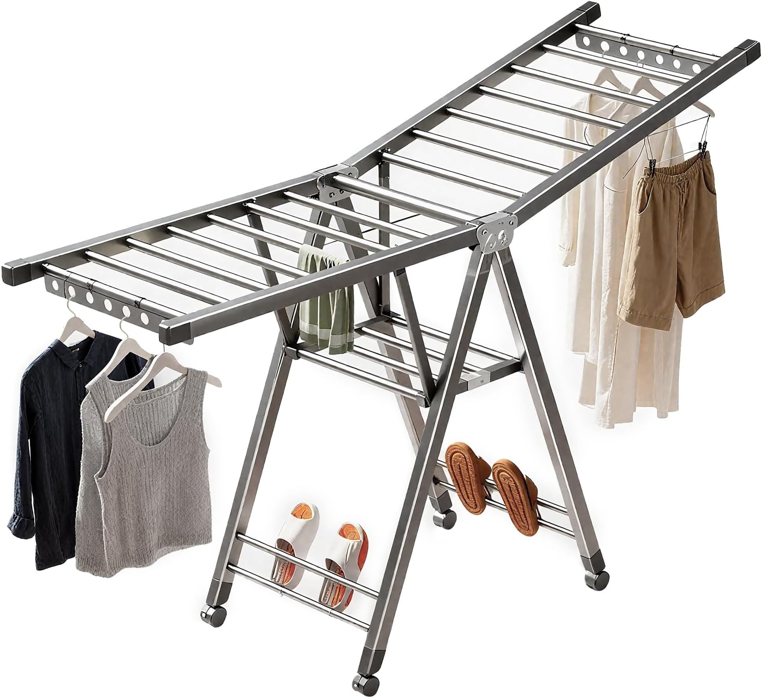 Heavy Duty 3-Tier Clothes Drying Rack with Wheels & Shoe Rack - Large 5.9ft Foldable Metal Laundry Stand, Portable Collapsible Clothing Hanger for Indoor Outdoor Use in Laundry Room