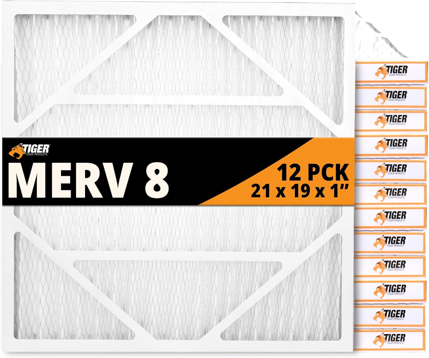 Tiger Tough 21x19x1 Air Filter MERV 8 MPR 600-800, High-Performance Pleated HVAC AC Furnace Filter Replacement for Home, 12-Pack