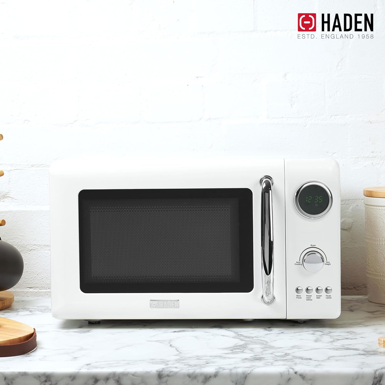 Haden 700 Watt 0.7 Cubic Foot Microwave Oven with Digital Controls, Defrost, and Instant Start Countertop Small Appliance, Ivory/Chrome