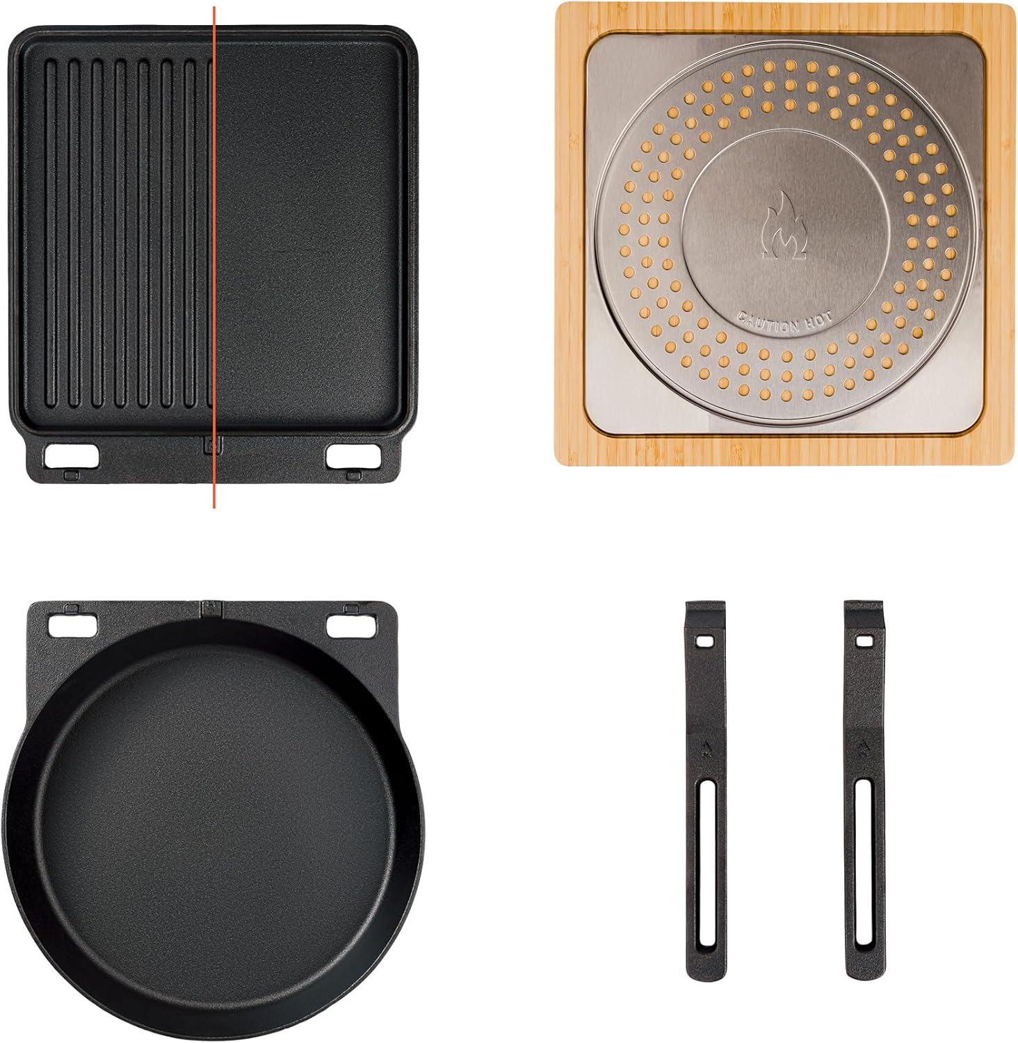 Solo Stove Pi Cast Iron 3-Piece Cookware Set | Incl. Round Skillet (30,5 cm), Reversible Grill/Griddle (29,2 x 33 cm), 2 Removable Handles, Bamboo/Stainless Steel Base for Protection