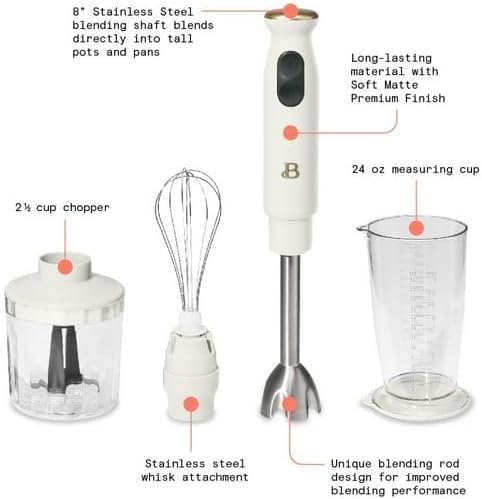 B'eautiful 2-Speed Immersion Blender Set, White Icing, 400W with 8-Inch Stainless Steel Shaft, Chopper, Whisk, 24oz Measuring Cup