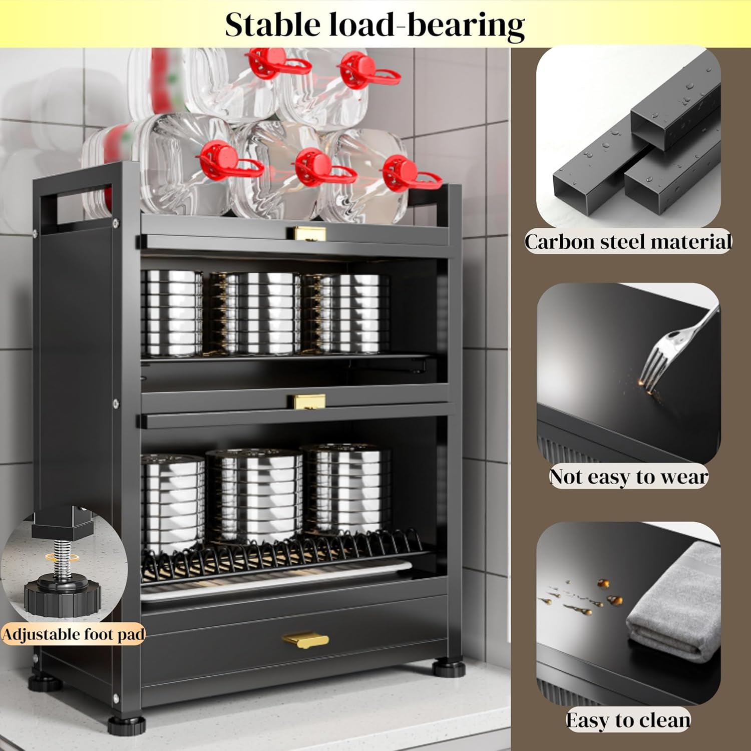 Kitchen Countertop Dish Cabinet with Drawers, Countertop Pantry with Drain Trays and Doors, Multifunctional Microwave Oven Rack, Space-Saving Dish Organizer for Dining room(White,17.7''x11.4''x28'')