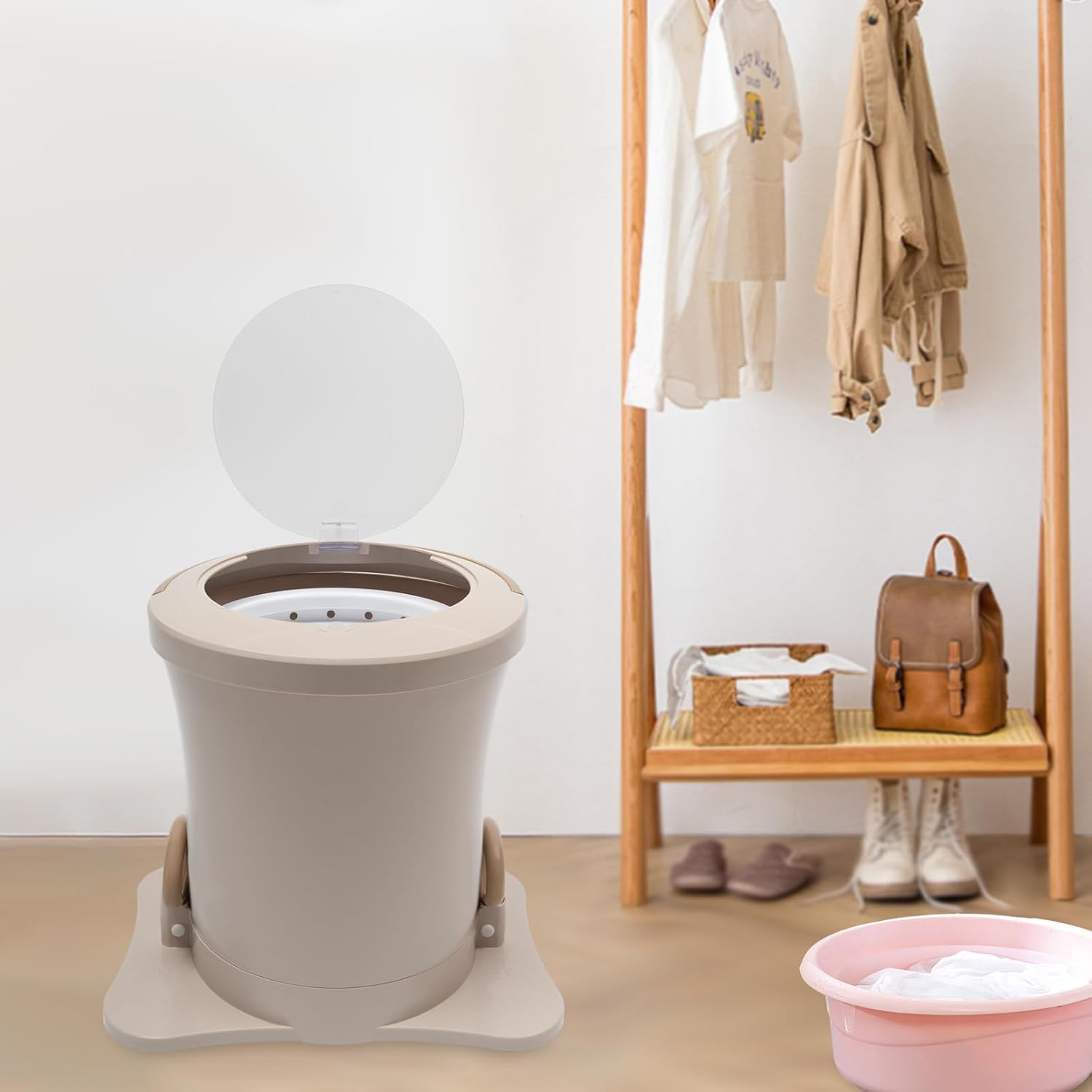 Manual Clothes Dryer Portable Mini Dryer for Clothes, Foot Powered Compact Spin Dryer Machine, Non Electric Laundry Dryer for RV, Camping, School, Apartment, Dorm(Khaki)