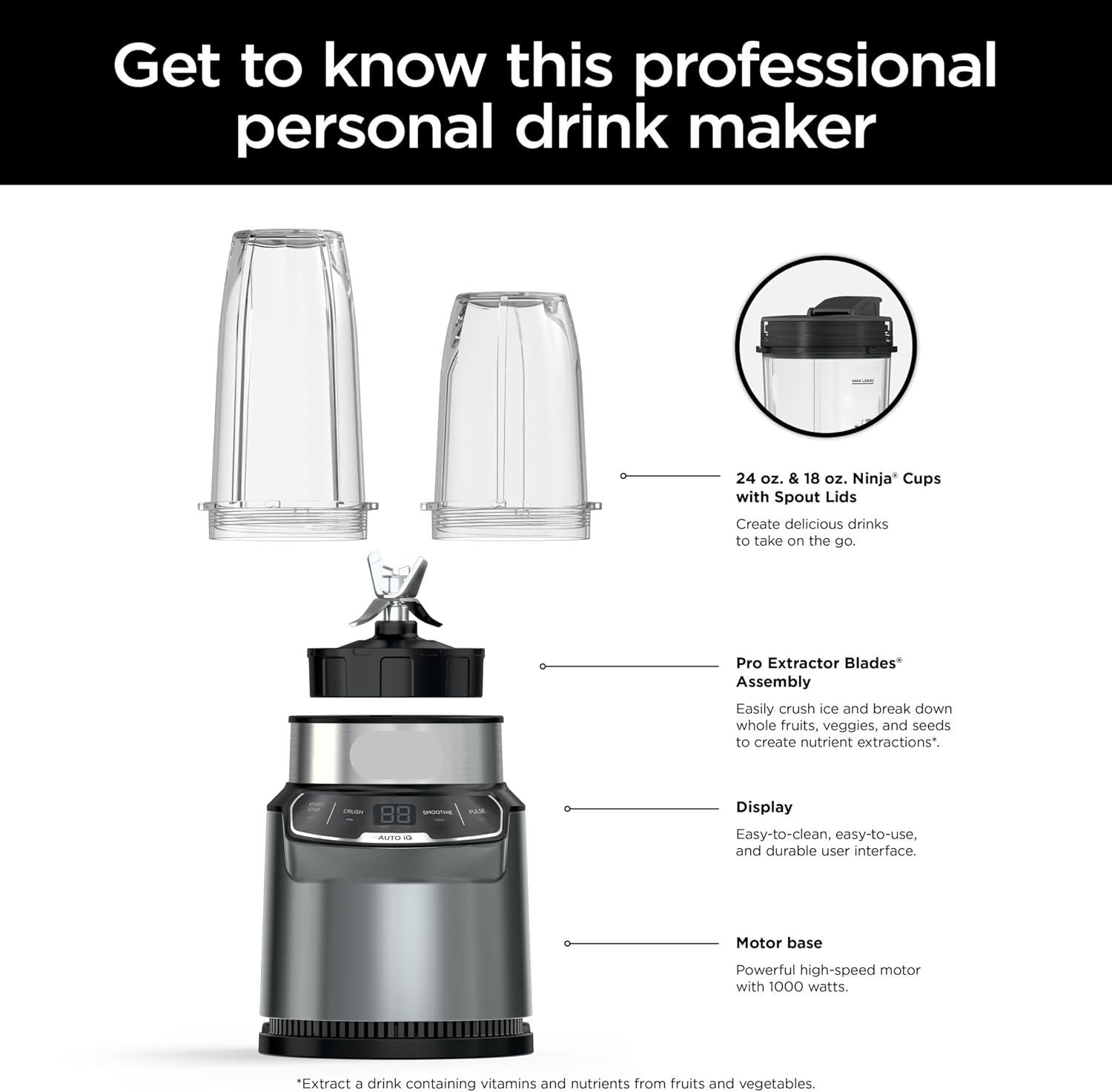 Ninja Nutri-Blender Pro with Auto IQ, 1000 Watts, Personal Blender for Frozen Drinks, Smoothies, Sauces & More, with 18 oz. and 24-oz. To Go Cups (BN4000)