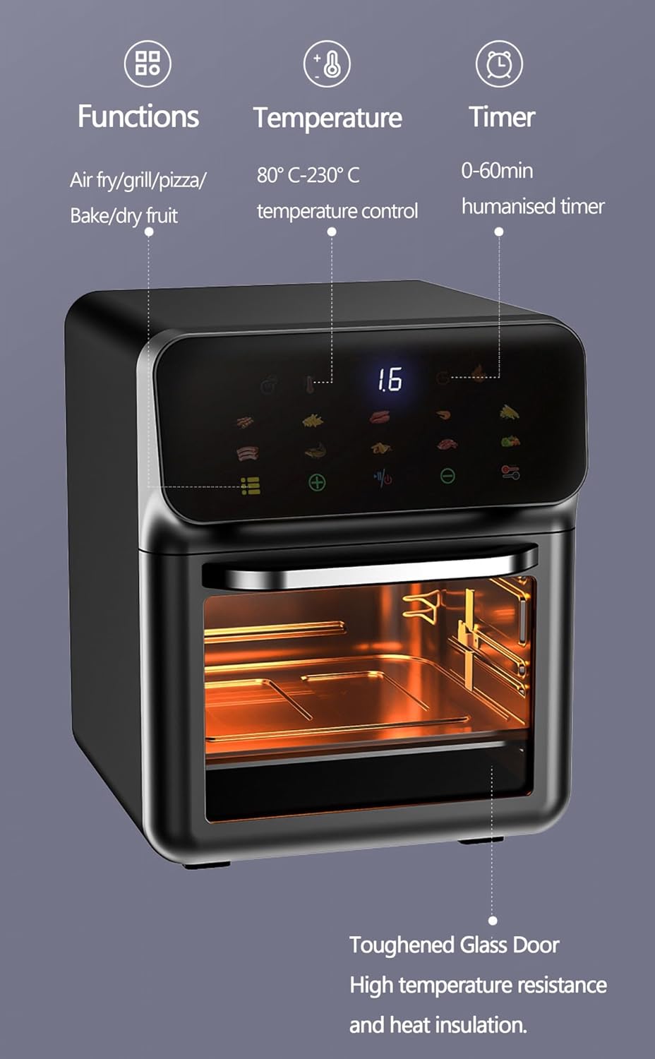 Convection Oven with Built-in baking light, 1500W 16L Air Fryer Combo for Grill/Pizza/Baking/Dried Fruit, Top and bottom triple bake, 60min free timer