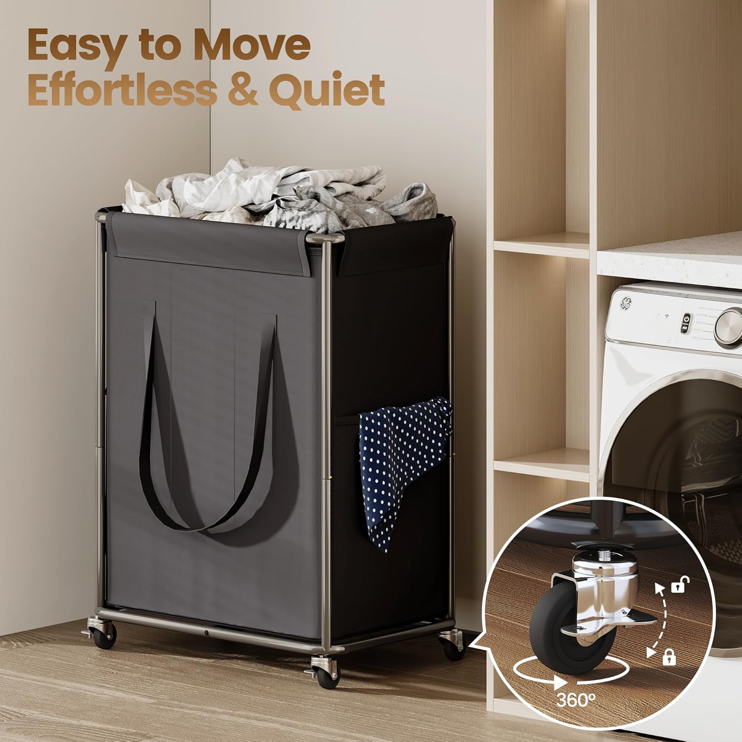 Homeiju 180L Large Laundry Hamper with Wheels, Rolling Laundry Basket with Metal Frame and Removable Bag Design, Dirty Clothes Laundry Cart for Bathroom, Dorm Room, Laundry Room, Black