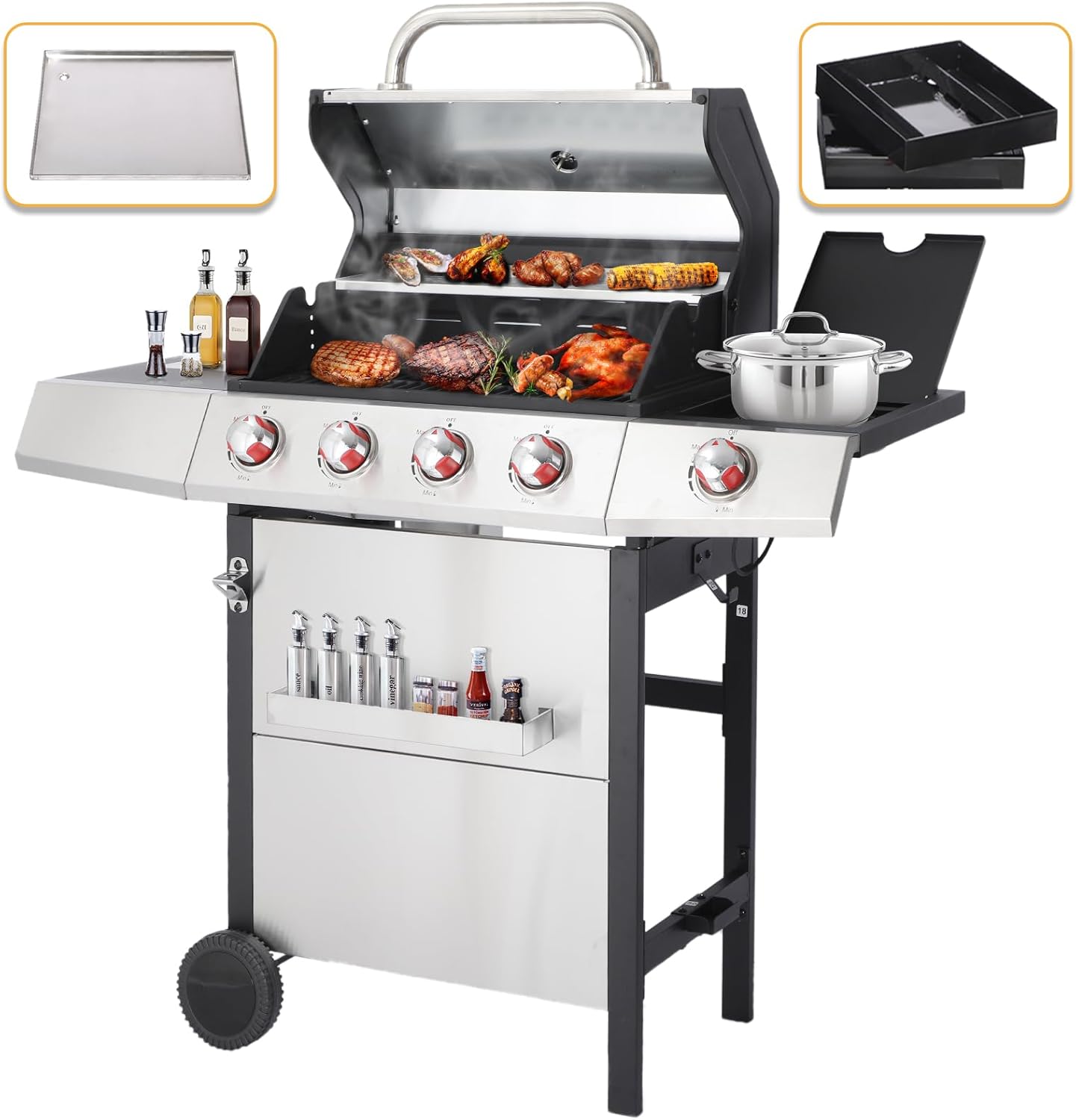 CIG GARDEN 4 Burner Gas Grill Combo with Side Burner, 3 in 1 Gas BBQ Grill with Charcoal Grill and Griddle, 52,000 Outdoor Barbecue Grill Perfect for Outdoor Cooking, Balcony, Backyard, Camping