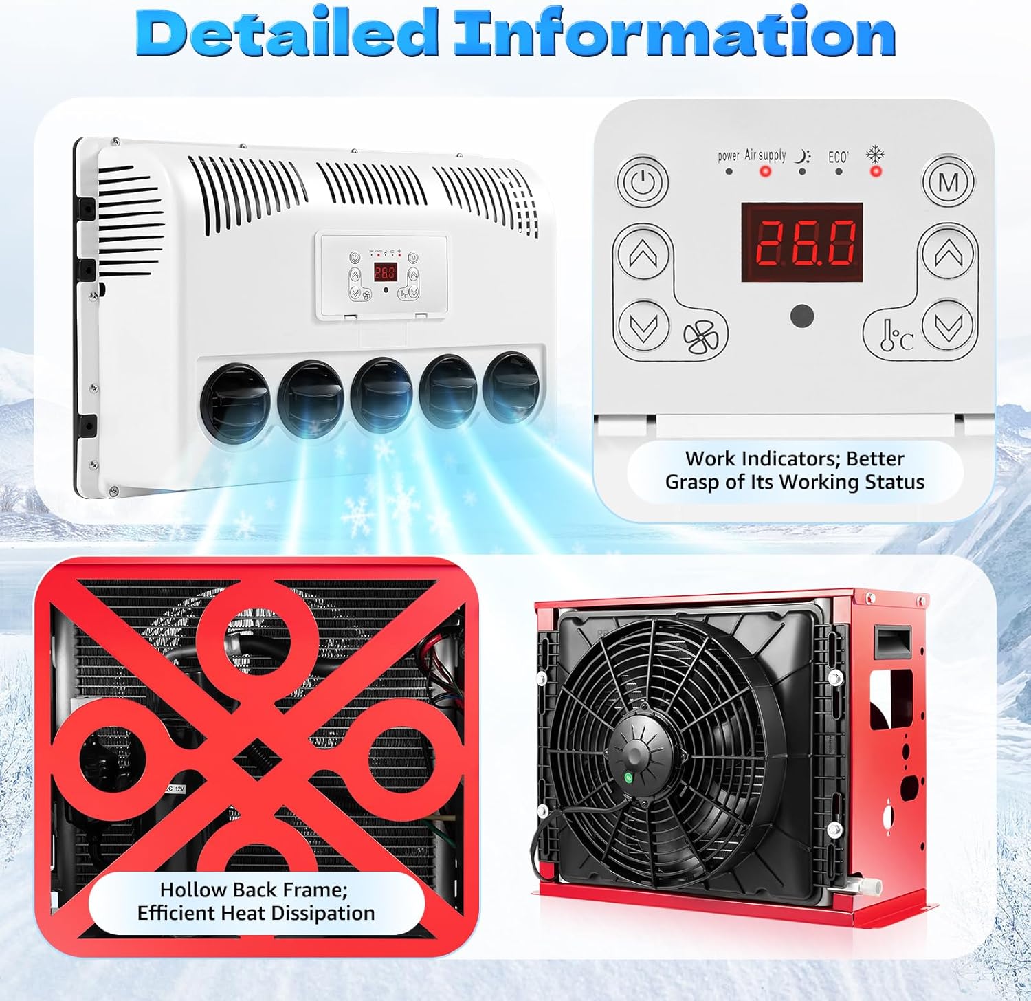 12V Split RV Truck Air Conditioner Set with Outdoor & Indoor Unit, 11000 BTU Multifunctional Portable Camper Air Compressor, 5 Gears Mini Split AC System Unit Low Noise Fit for Rvs Motorhome Bus