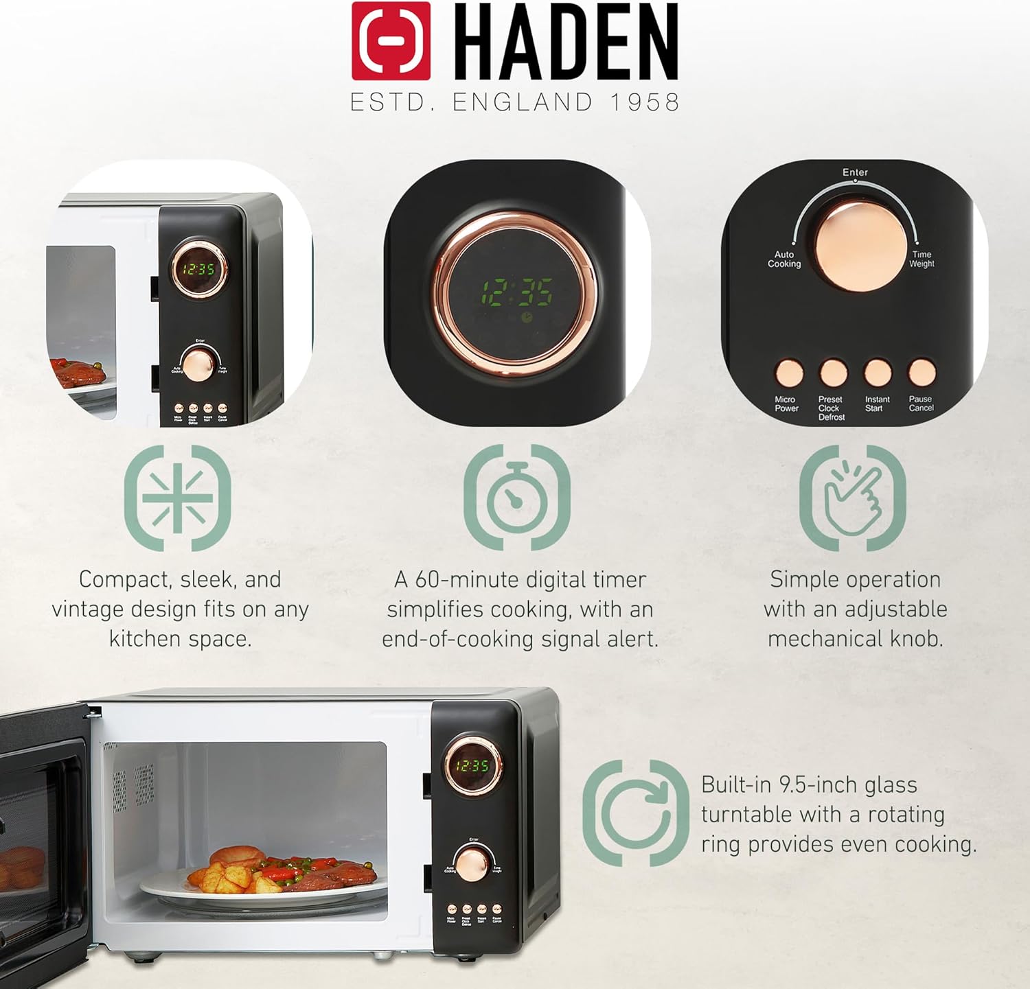 Haden 700 Watt 0.7 Cubic Foot Microwave Oven with Digital Controls, Defrost, and Instant Start Countertop Small Appliance, Black/Copper