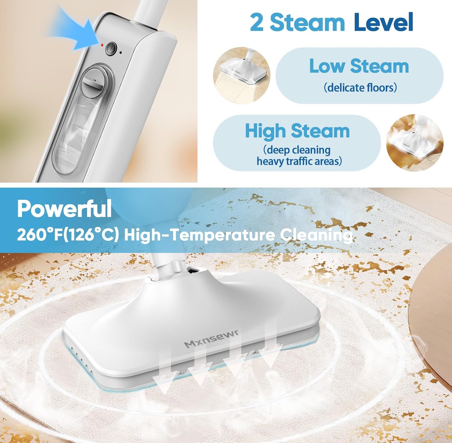Steam Mop All-in-one Multi-Functional Powerful Steam Cleaner, Handheld Detachable Floor Steamer with 2 Steam Level, 380ML Water Tank & 23FT Power Cord for Floor Cleaning and Home Use