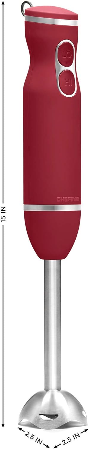 Chefman Immersion Stick Hand Blender with Stainless Steel Blades, Powerful Electric Ice Crushing 2-Speed Control Handheld Food Mixer, Purees, Smoothies, Shakes, Sauces & Soups, Red (Renewed)