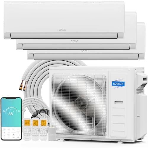 ROVSUN 35000 BTU Tri Zone WIFI Mini Split AC/Heating System, 19 SEER2 3 Zone 12000 + 18000 + 18000 BTU Ductless Split Air Conditioner with Pre-Charged Condenser, Heat Pump & 25Ft Line Set, 208-230V