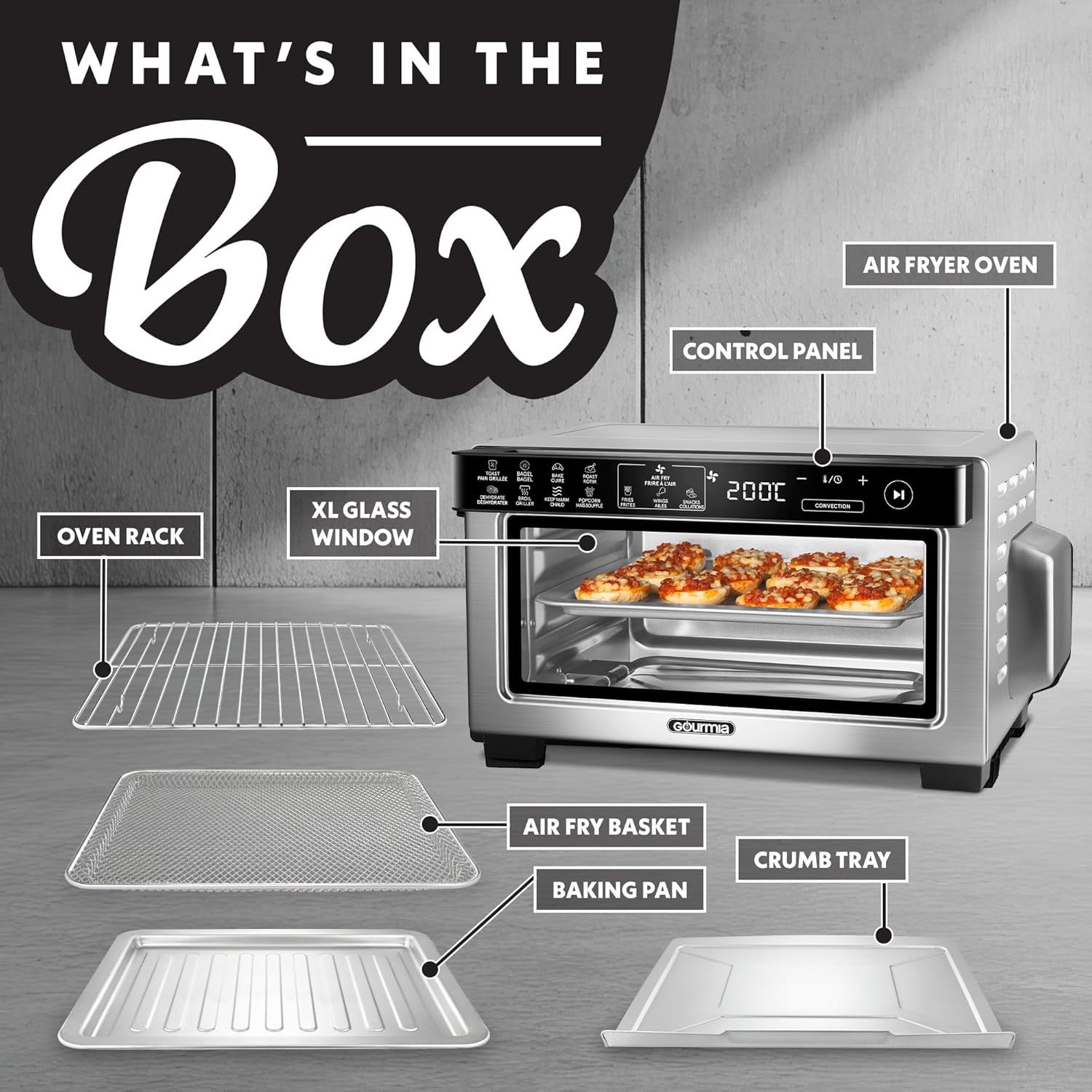 Gourmia Toaster Oven Digital Air Fryer - Convection Mode with 4 Slice Capacity, 3 Rack Positions, 12 Presets, Toast, Bagel, Bake, Roast, Broil, Dehydrate, Popcorn, Fits 9