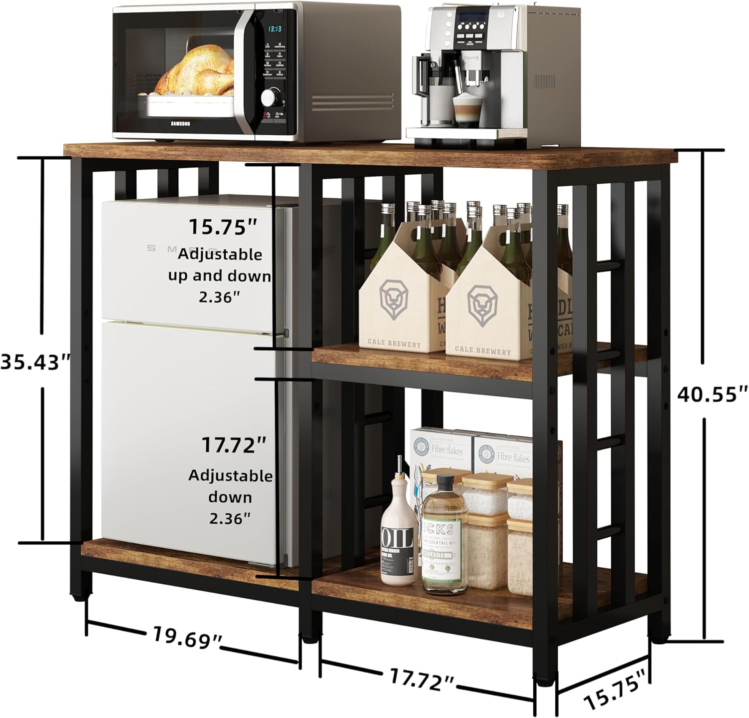 4-Tier Bakers Rack for Kitchens with Storage, Mini Fridge Stand, Microwave Oven Stand Table, Bar Cabinet, Aquarium Stands, Adjustable Shelves Freestadning for Kitchen, Living Room, Office, Patio.