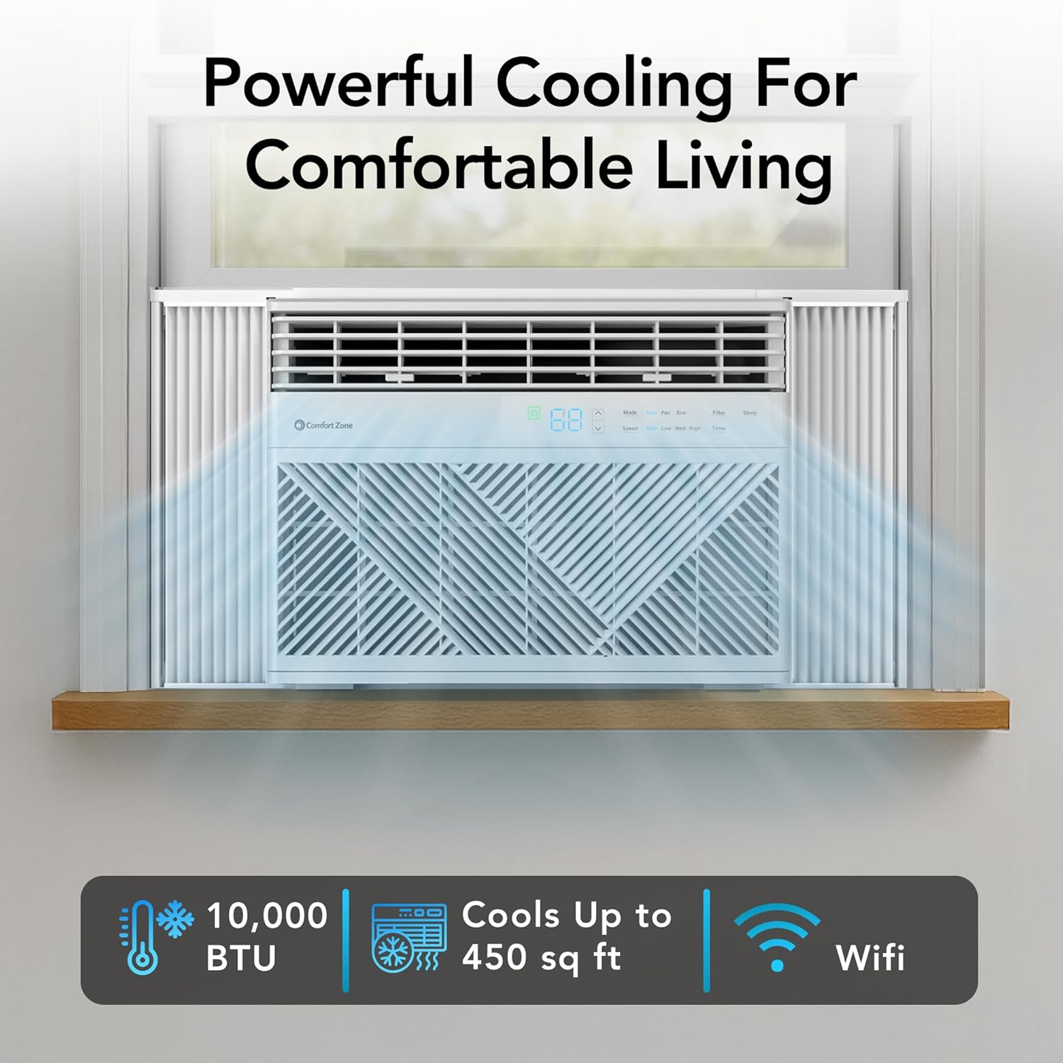 Comfort Zone Window Mounted Smart Wi-Fi Room Air Conditioner with Remote Control, 10,000 BTU, Digital Display, 4 Speed Settings, 4 Mode Settings, 24-Hour Timer, Sleep Setting, and Eco Mode, CZ12759