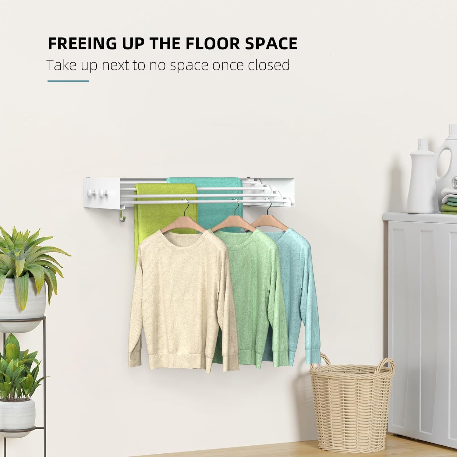 Drying Rack Clothing,Clothes Drying Rack Wall Mounted,Laundry Drying Rack Wall Mount,Foldable,Collapsible,60 lb Capacity 4 Aluminium Poles with 8 Hooks,Space Saving Clothes Drying Rack,White 23.6