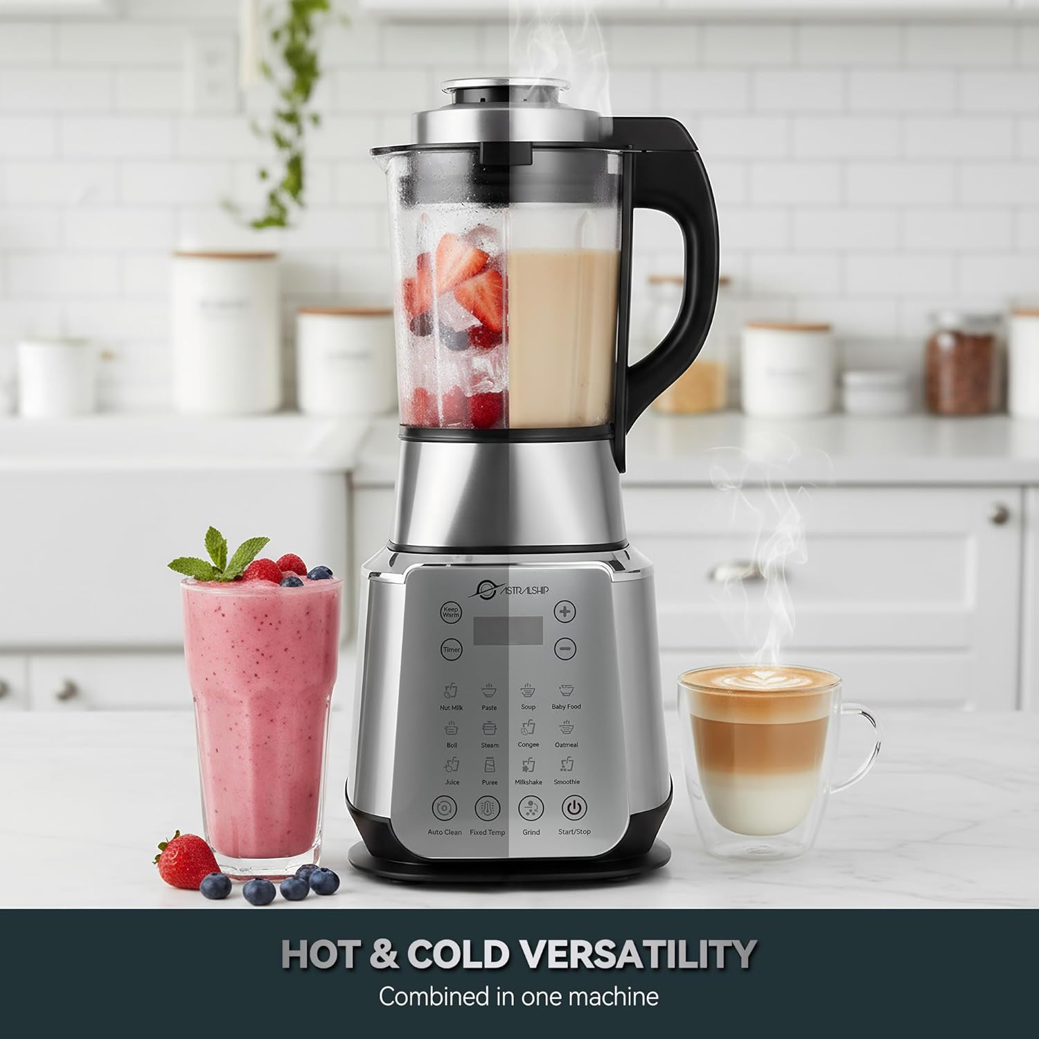 Blenders for Kitchen with Tamper 1500W Adjustable 26000-60000RPM High Speed Food Processors Stainle, Black Glass jar blender with Keep Warm, 14 Preset Functions & Auto Clean for Smoothies, Soups More