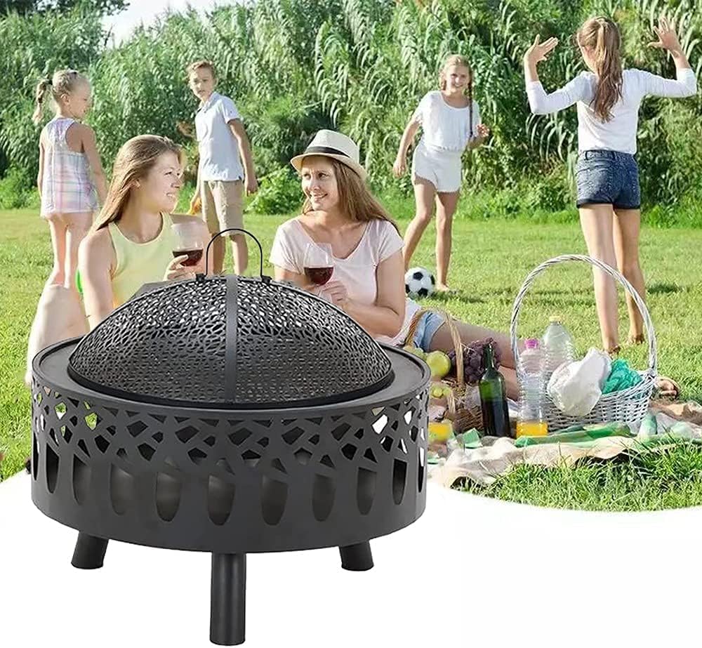 Multifunctional Fire Pit Table, Wood Burning Pit, Firepit Table for Outside Round Firepit Table for Outside Wood Burning with Spark Screen Cover for Heating, Camping and BBQ