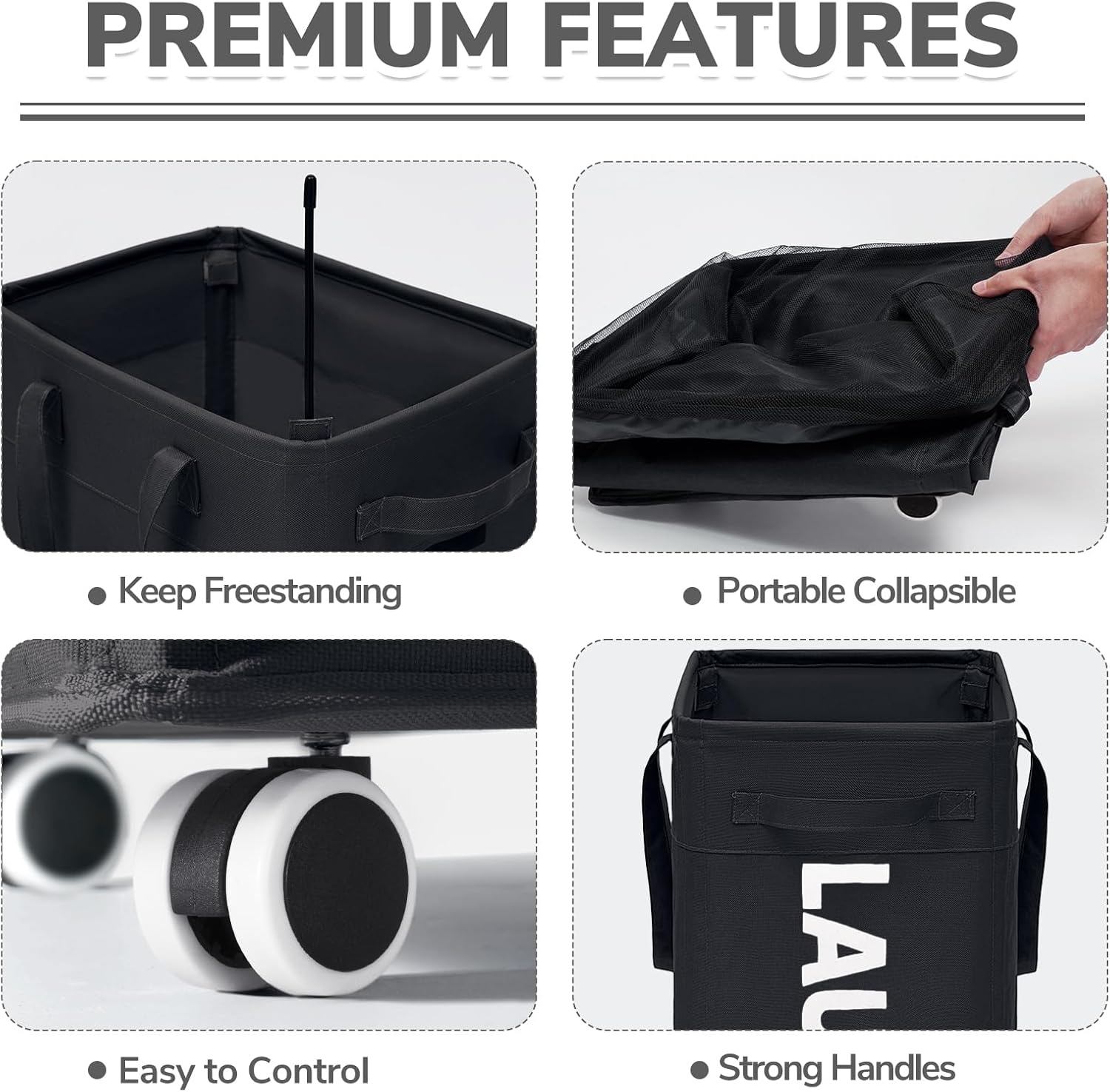 CHICVITA 2 Pack Laundry Hamper with Wheels & Removable Wash Bags, 75L Tall Laundry Basket for Dorms, Large Collapsible Hamper for Corner Spaces - Black