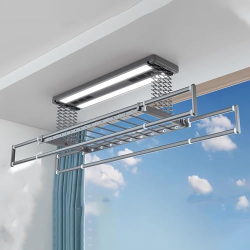 Ceiling Clothes Dryer Aluminium and Steel Electric Clothes Dryer with Remote Control,Foldable Indoor Clothes Drying Rack - Compact Retractable Design (135-220cm) for Large Sheets, 35kg Load