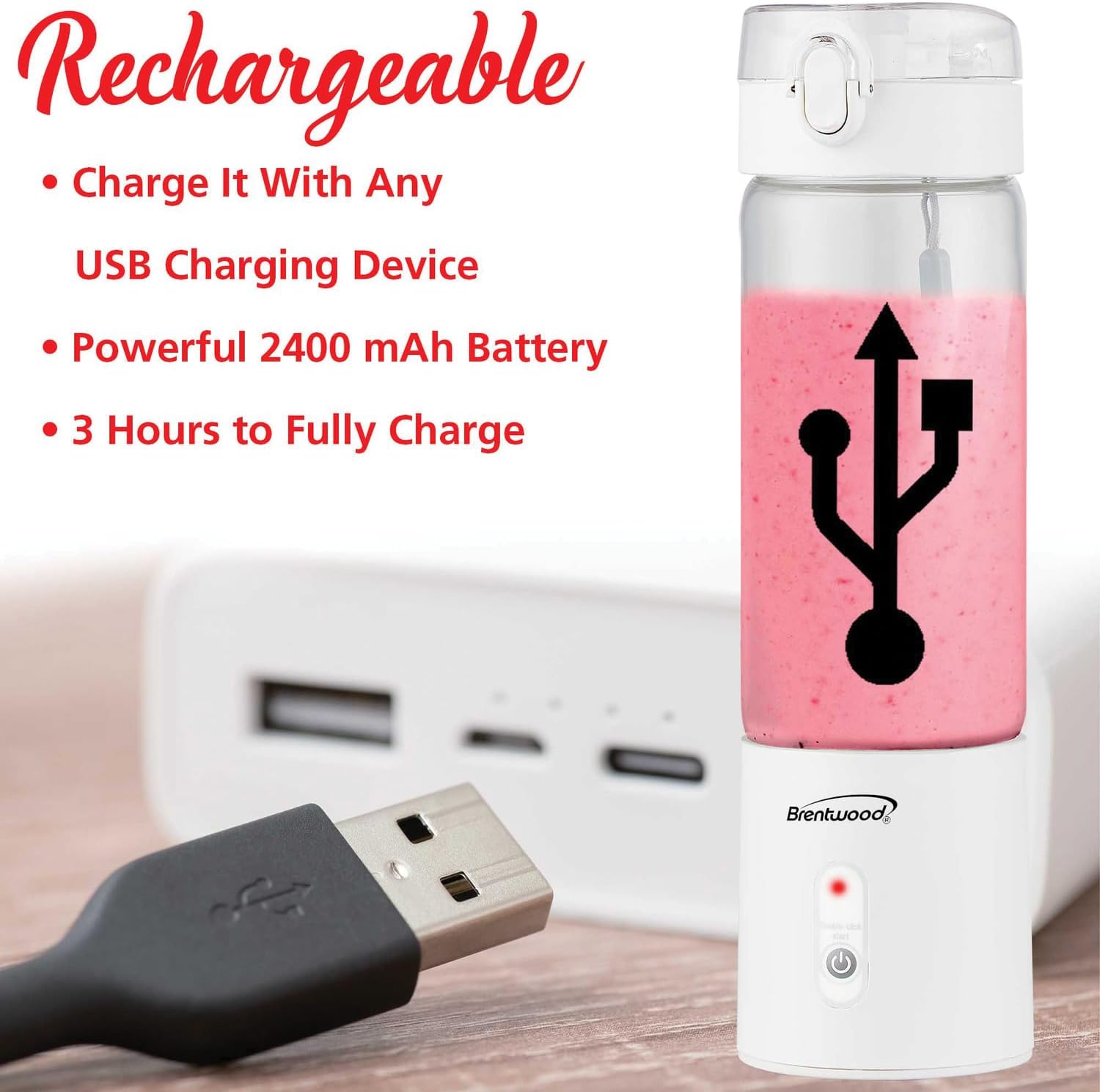 Brentwood 50-Watt 17-Oz. Portable Battery-Operated USB-Chargeable Glass Blender (White)