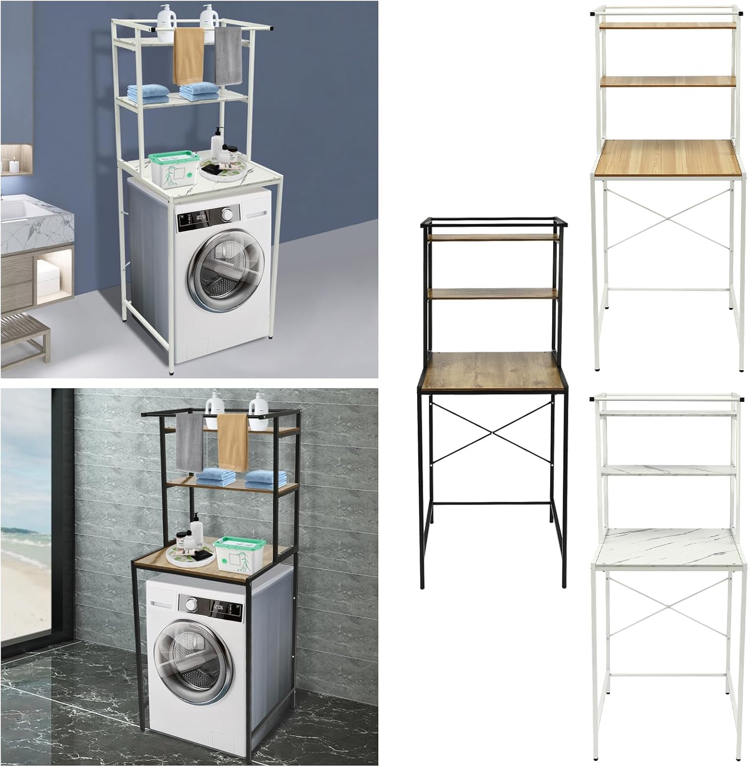 Washer Dryer Stacking Rack Stand, Dryer Storage Shelf with 3 Tiered Shelf, Space Saver Washer Dryer Storage Shelf, Universal Washer for Bathroom Laundry Room(White+ Log)