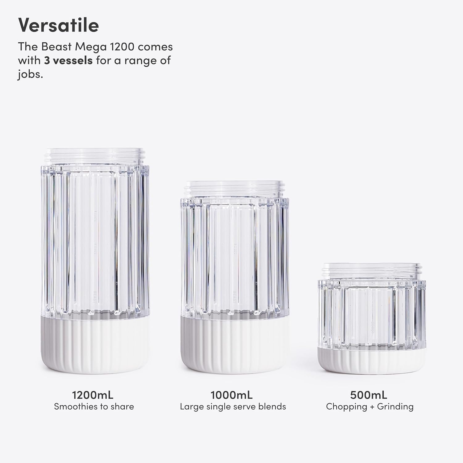 Beast Mega 1200 Plus | Premium Countertop Blender | Smoothies, Shakes, Sauces, Dips, Soups | Blends Ice and Frozen Fruit | XL Vessel | With Extra Vessels, Straw System | 1200W | (Cloud White, 120V)