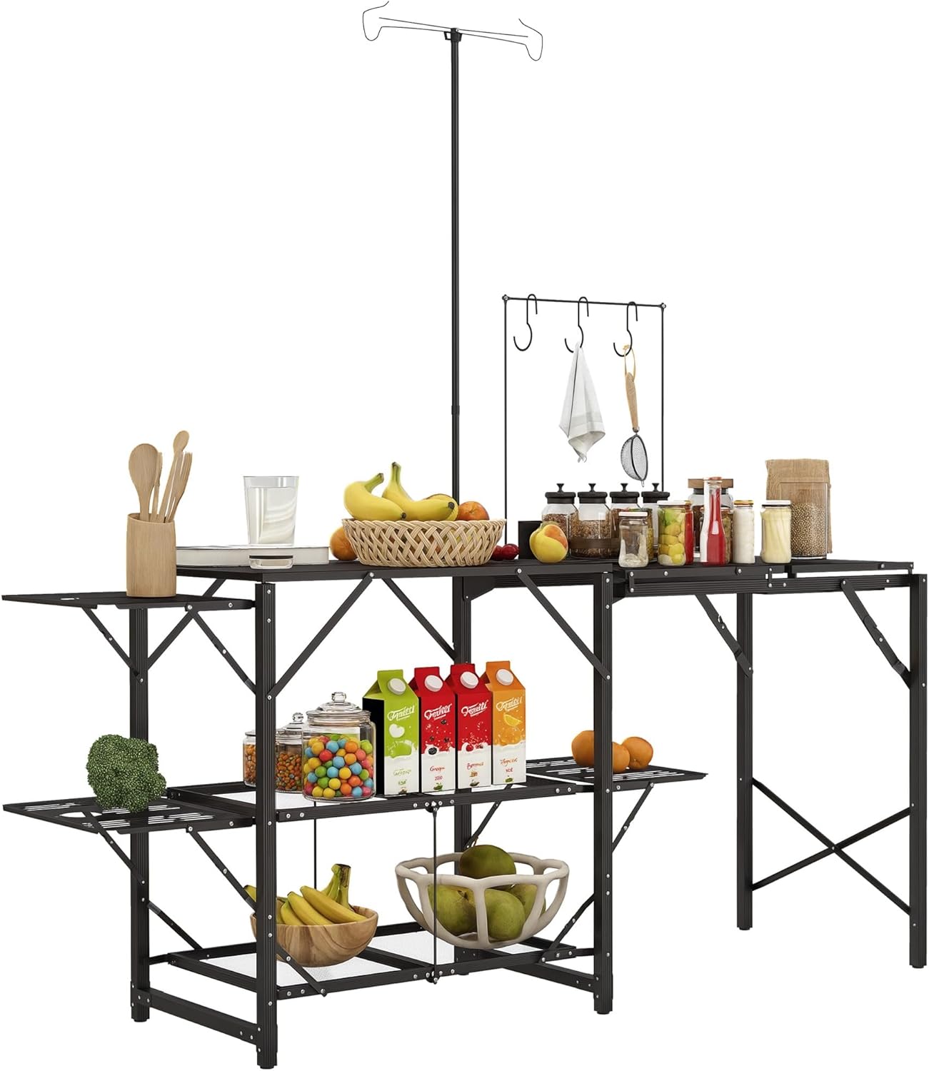 Outsunny Folding Camp Kitchen Table, Portable Camping Cooking Station with Adjustable Lantern Holder, Hanging Hooks and Carrying Bag for Outdoor Picnic Beach BBQ Traveling