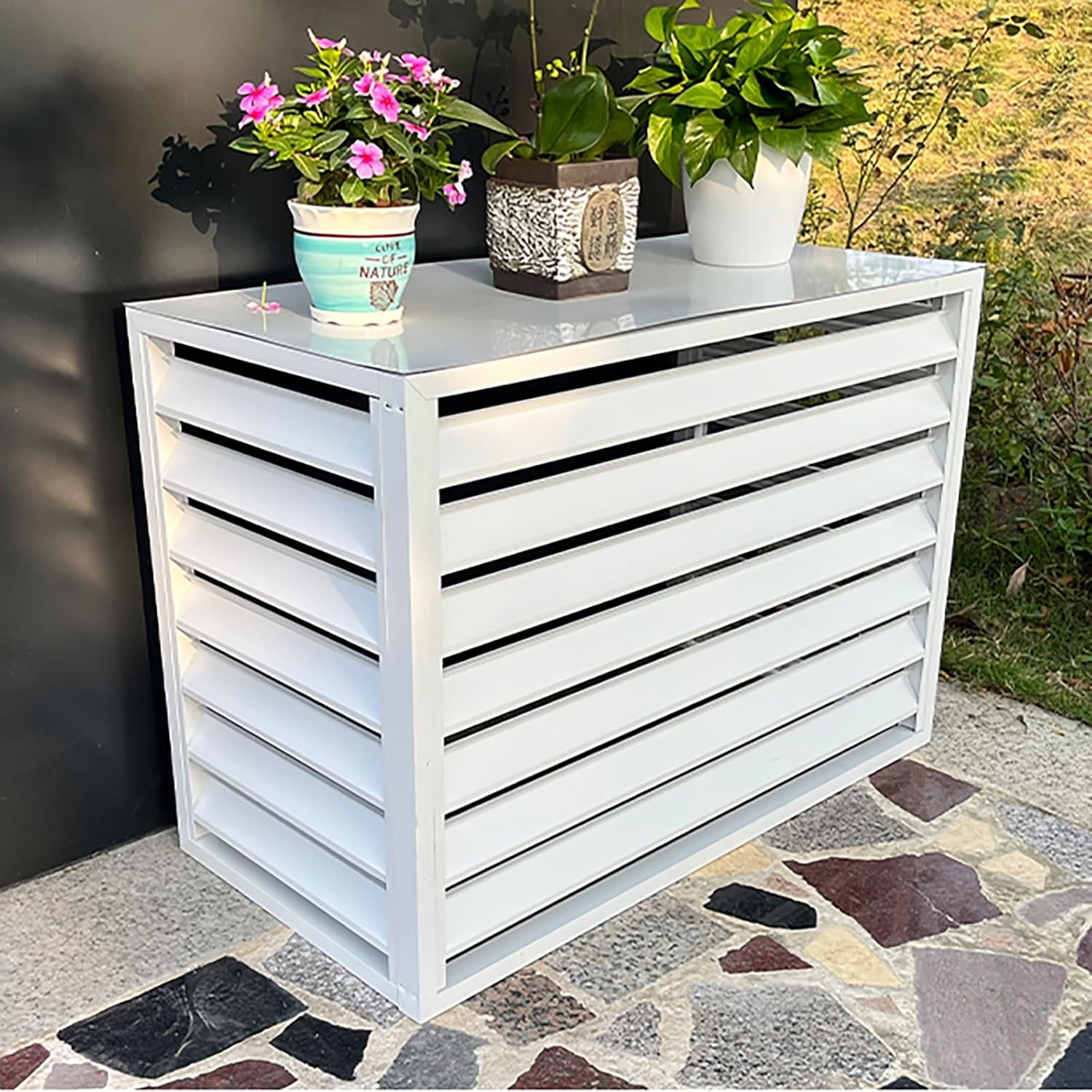 Outdoor Air Conditioner Cover For Outside Units, Aluminum All Weather Protective Cover, Outdoor Trash Can Enclosure Freestanding Privacy Screen Fence Panels AC Unit Cover Flower Stand ( Color : Whit