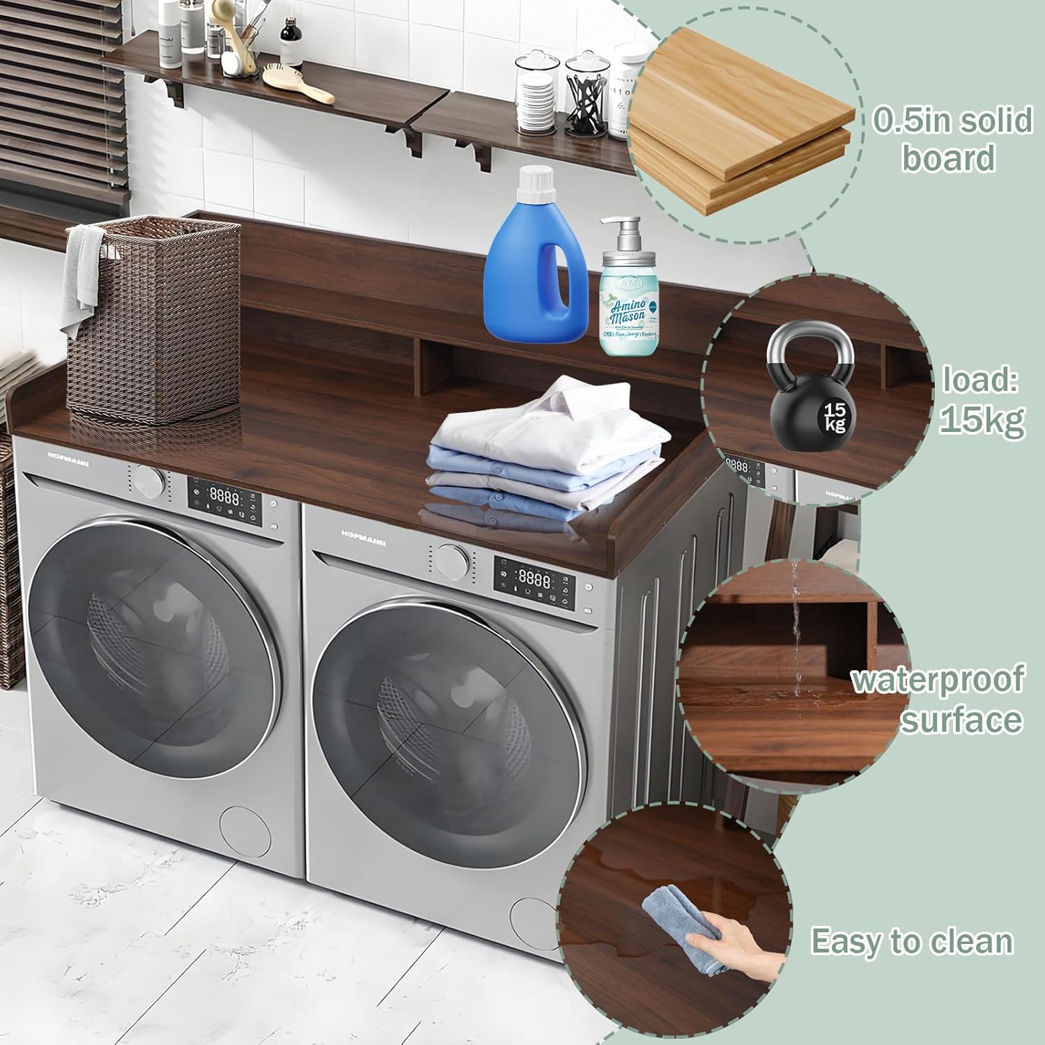 2-Tier Washer Dryer Countertop, Waterproof Laundry Countertop with Anti-Slip Mat, 54