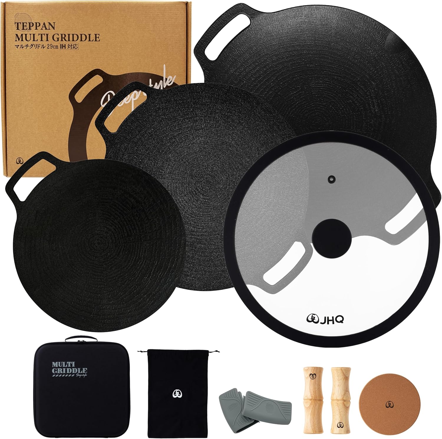 Honke JHQ Multi-Griddle Iron Plate, Deep 11.4 inches (29 cm), Flat 9.8 inches (25 cm), Flat Type, 7.5 inches (19 cm), Set of 3 Main Unit (Includes Storage Hard Case, Wooden Grip, Cork, Storage Case