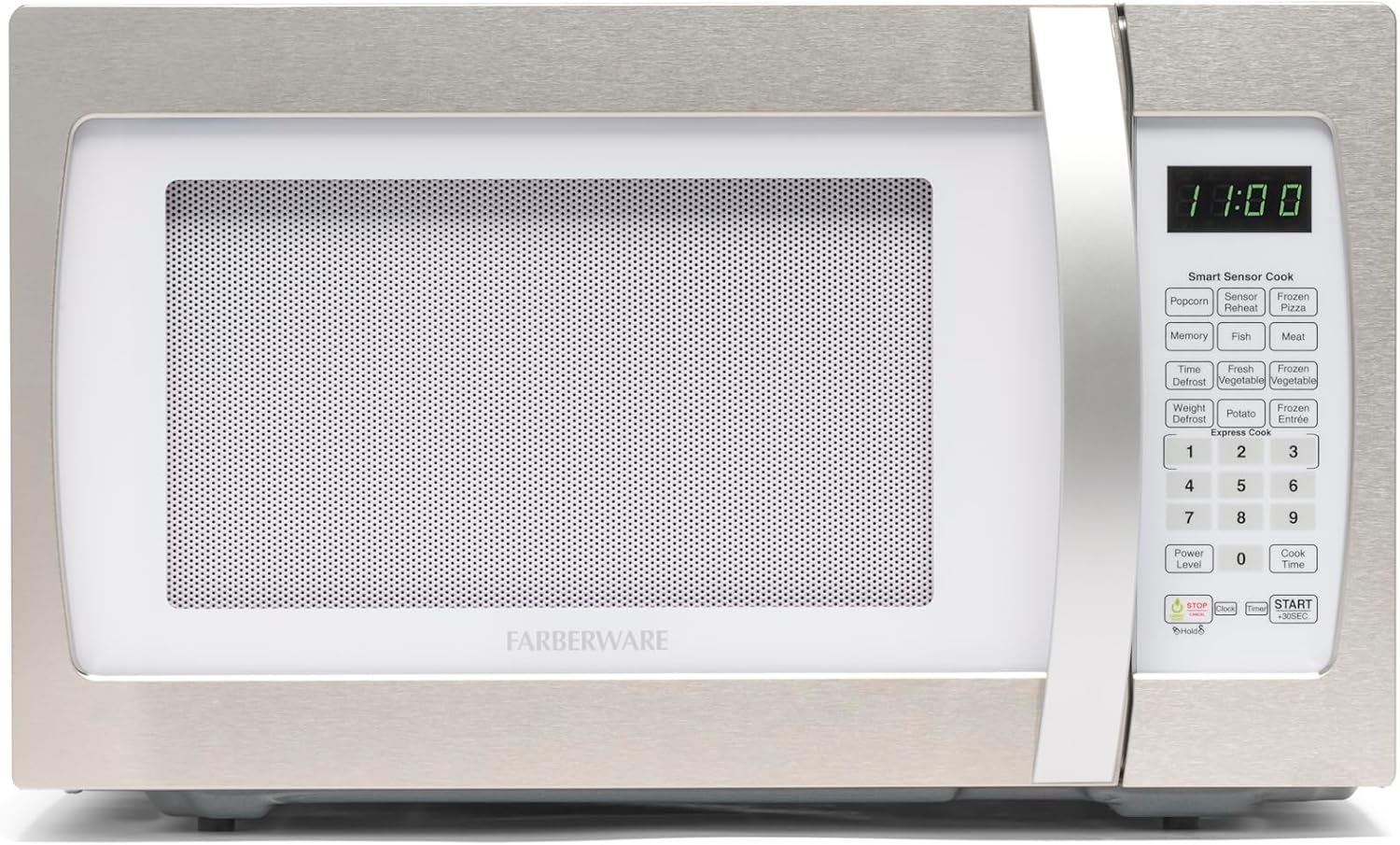 Farberware 1.3 Cu. Ft. Countertop Microwave Oven – 1100 Watts Power, Smart Sensor Auto Cook Settings, Defrost, Easy Clean and Child Safety Lock - White Platinum