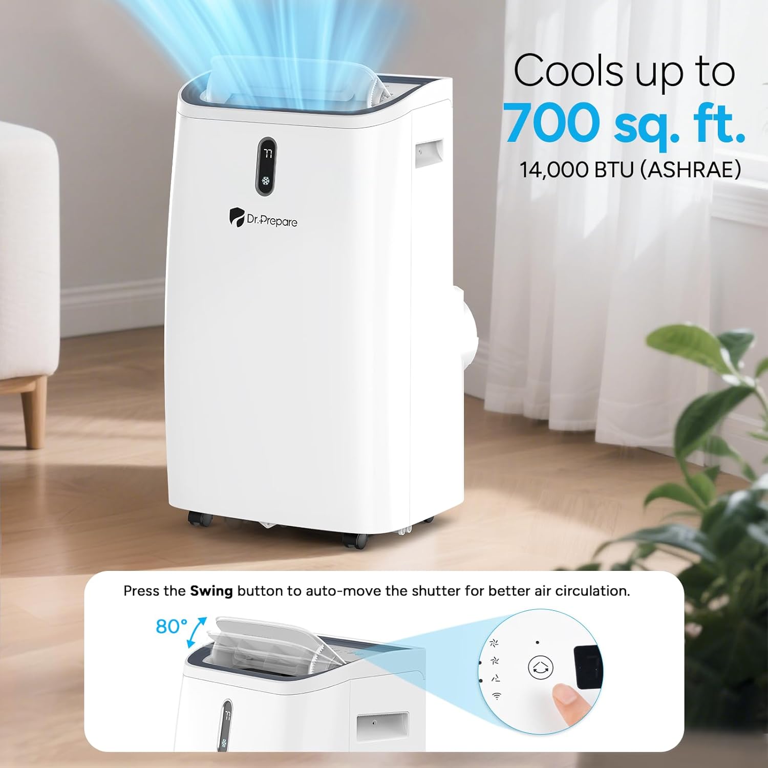 DR.PREPARE 14,000 BTU Portable Air Conditioner with WiFi, 4-in-1 Portable AC Unit with Remote Control, Fast Cooling, 24H Timers, Window kit, Cools Up to 700 sq. ft for Rooms, Bedroom