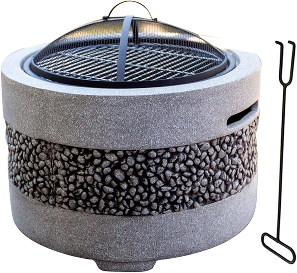 Small Fire Pit, Outdoor Fire Pit Bowl & BBQ Grill Round Shaped,Edging of Artificial Stone for Outside Patio, Decking