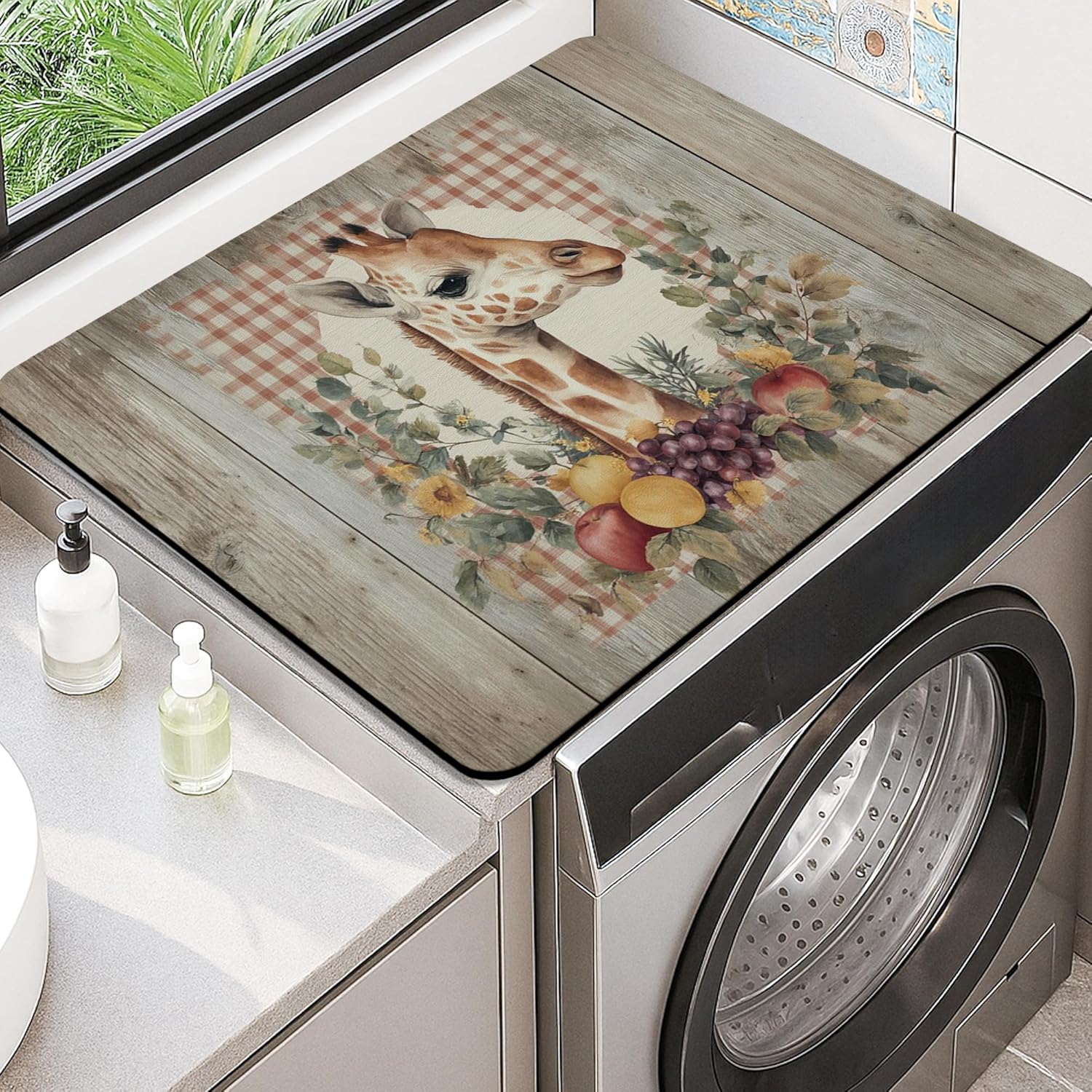 Giraffe Washer Dryer Top Protector Mat, Rustic Vintage Giraffe Floral Laundry Machine Covers, Autumn Decorative Rubber Anti-slip Waterproof Mats for Laundry Room 20x24 Inch