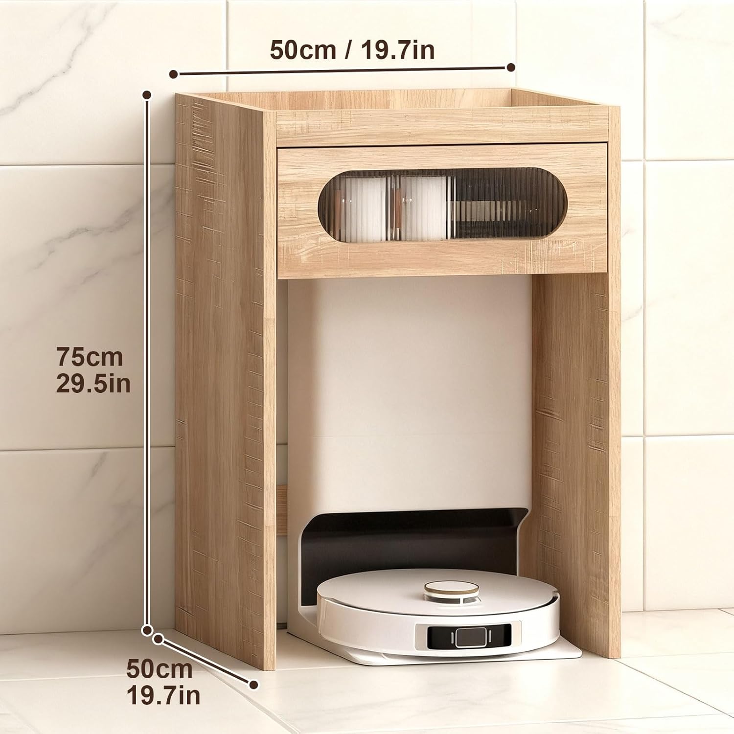 Modern Robot Vacuum Storage Rack Wooden Modern Hiding Robot Vacuum Cabinet Pull-Out Top Panels Portable Nightstand Accent Side Tables for Living Room Bedroom Office Kitchen(Natural)