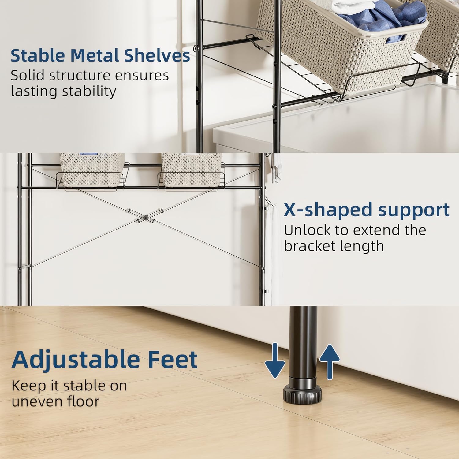 Laundry Room Storage Shelf, 2 Tier Metal Over Washer and Dryer Shelves, Washing Machine Shelf with Hanger Rods & Hooks, Expandable Bathroom Space Saver Shelf, 26–36.8