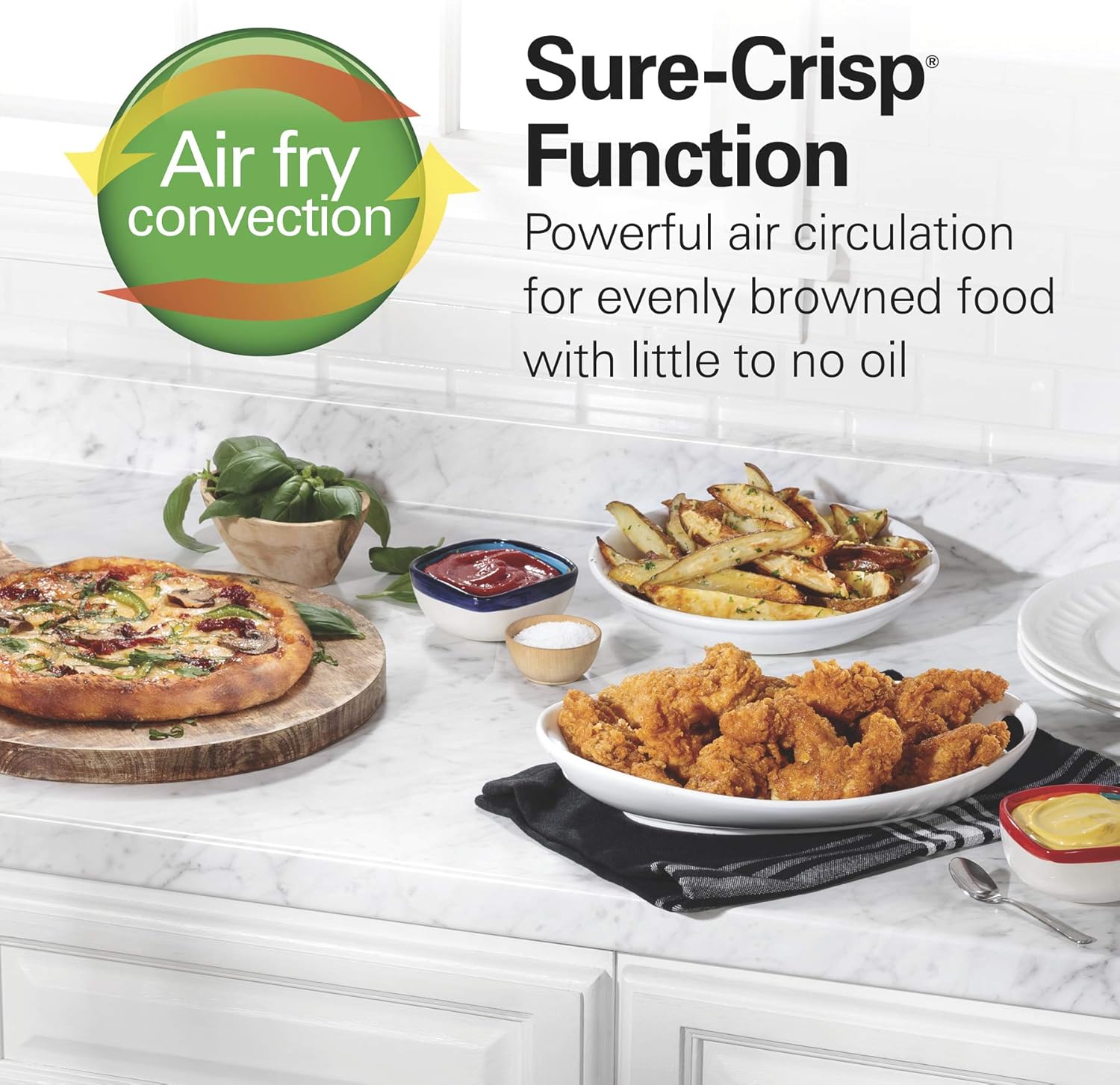 Hamilton Beach Sure-Crisp Air Fryer Countertop Toaster Oven, Fits 9” Pizza, 4 Slice Capacity, Powerful Circulation, Auto Shutoff & Wave Crusher Blender with 40 Oz Glass Jar and 14 Functions