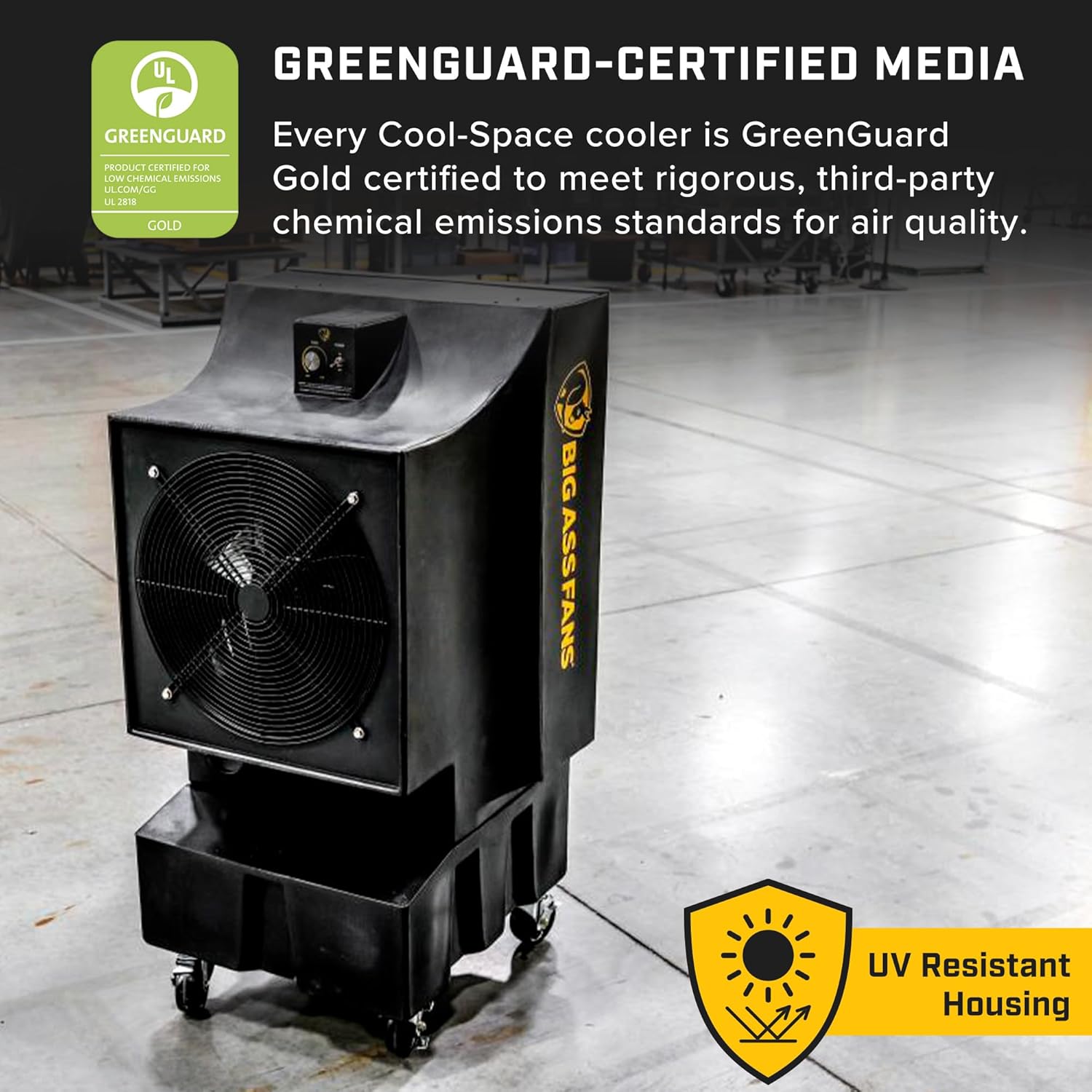 Big Ass Fans - Cool-Space 300 - Portable Evaporative Swamp Cooler, 18 Inch Diameter Fan, Indoor Outdoor Use, Continuous or Fillable 16 Gallon Capacity, Variable Speed – Cooling for Workshops, Garages