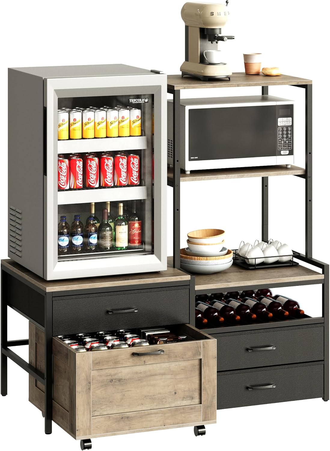 Mini Fridge Stand with Wine Rack, Kitchen Bakers Rack with Power Outlet, Microwave Oven Stand, Coffee Bar, Movable Drawers, for Dorm,Office, Grey HB04BXZ