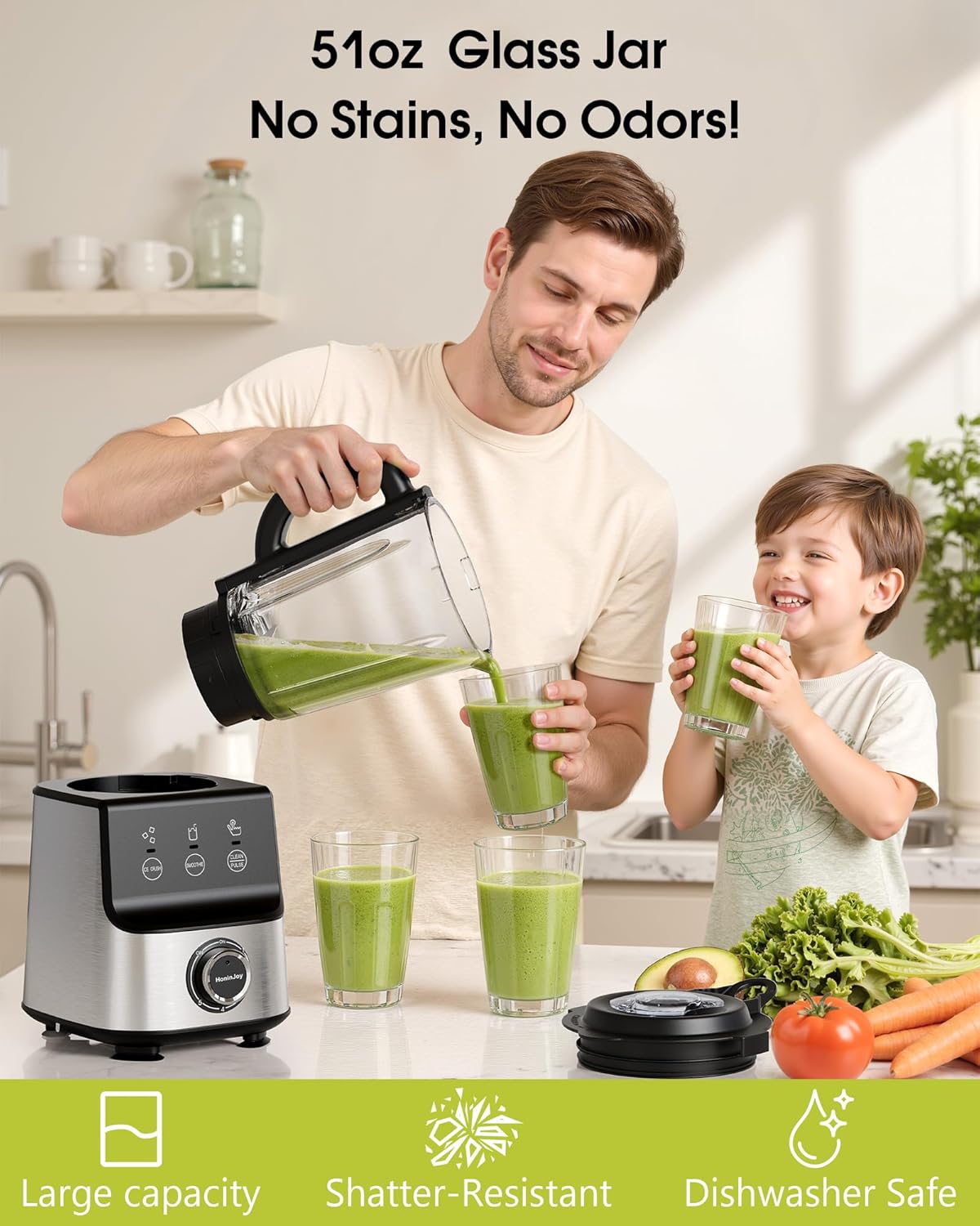 Countertop Blenders for Kitchen, 1400W Professional Blender for Smoothies, 3 Functions with 5 Speeds Smoothie Blender, with 51-oz Glass Jar, Grinder & Portable Cup Combo, Self-Cleaning