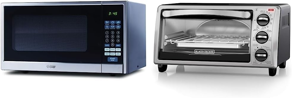 Commercial Chef Countertop Microwave, 1.1 Cubic Feet, Black With Stainless Steel Trim & BLACK+DECKER 4-Slice Convection Oven, Stainless Steel, Curved Interior fits a 9 inch Pizza, TO1313SBD